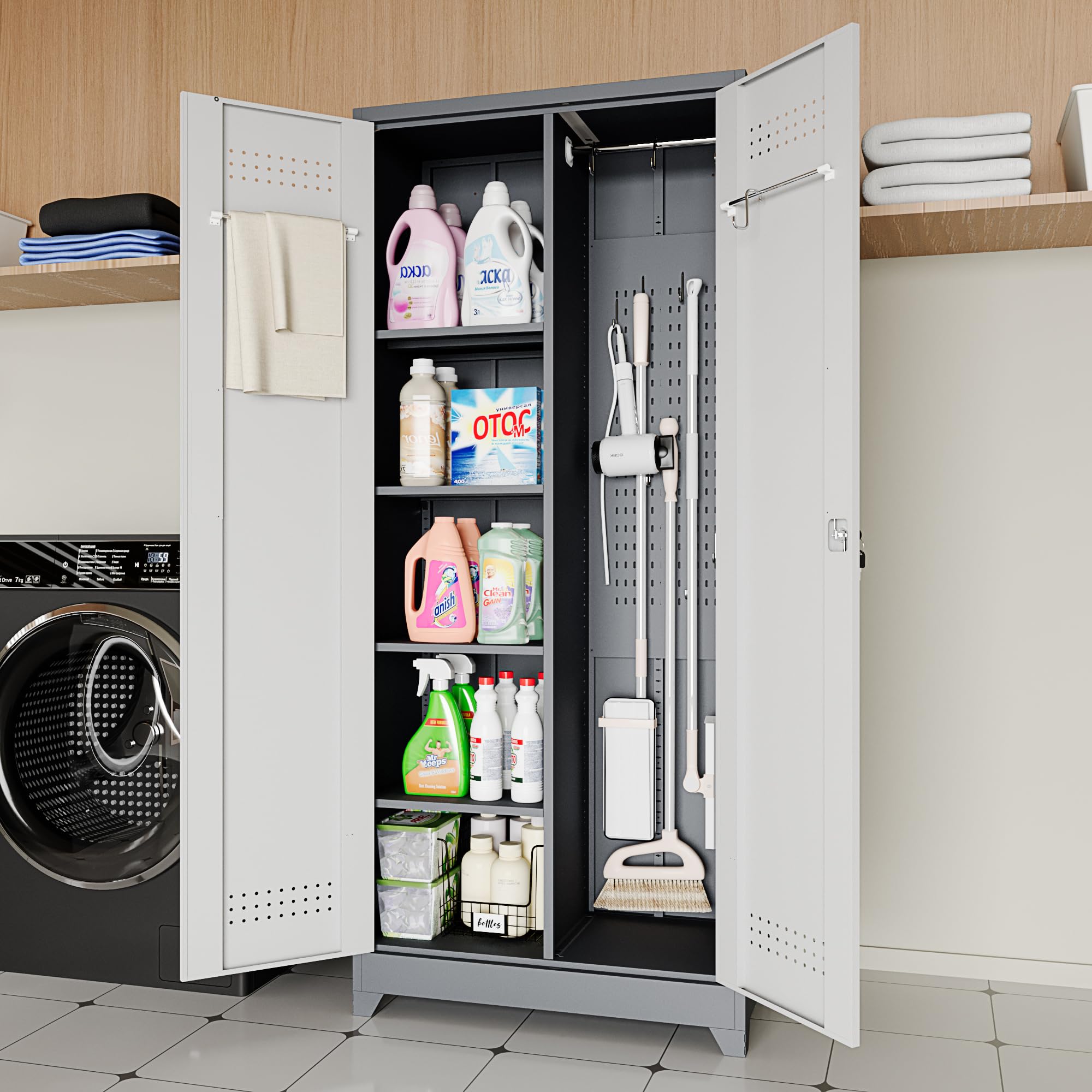 GREATMEET Metal Broom Closet with Pegboard & Hanging Rod - Cleaning Supplies Storage Cabinet with Lock for Utility Room, Garage & Laundry Room Organization