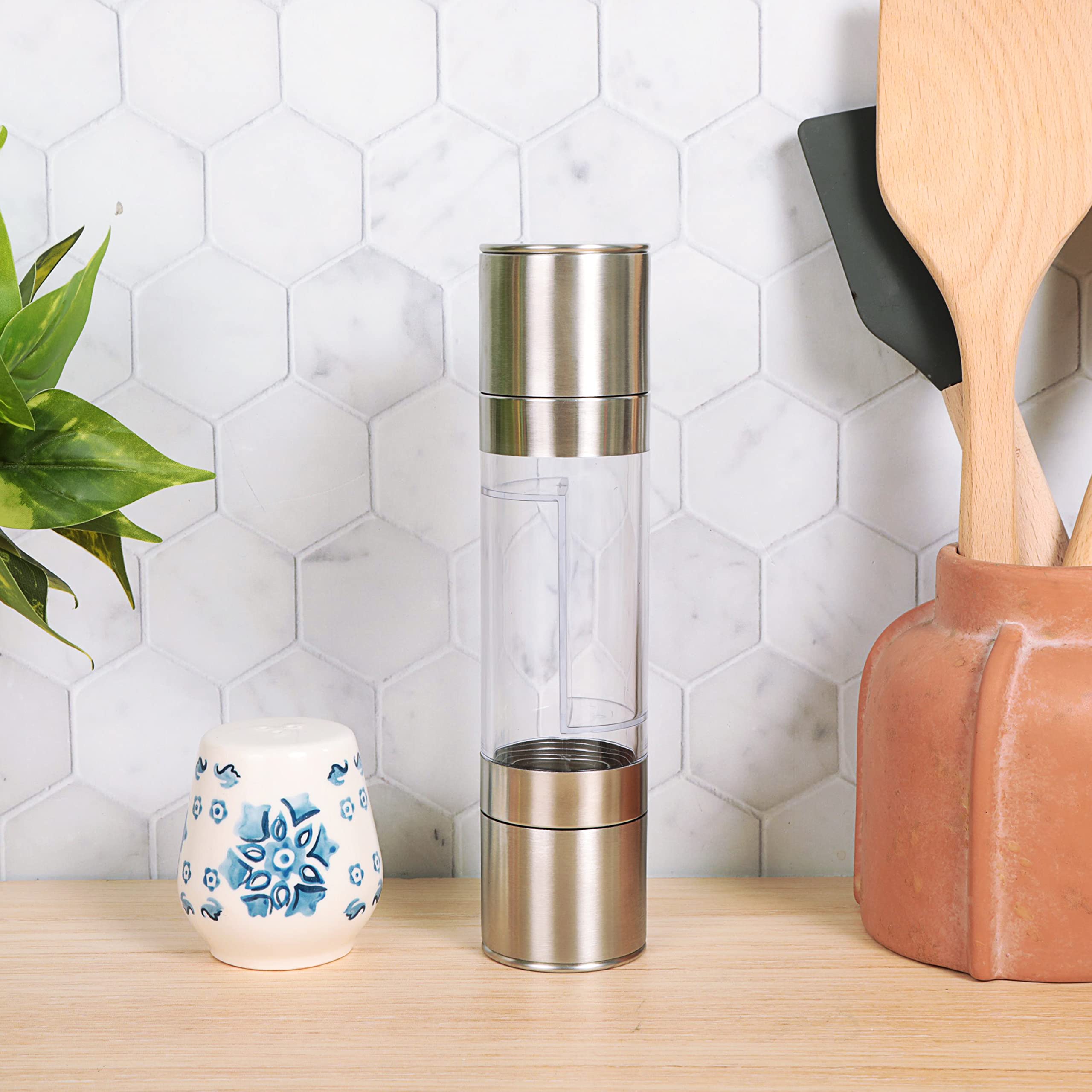 Premium Stainless Steel Salt and Pepper Grinder Set - Adjustable Ceramic Burrs for Fresh Seasoning - 2-in-1 Combo (100g Salt & 50g Pepper Capacity) - Perfect for Kitchen, Dining Table & Outdoor Cooking