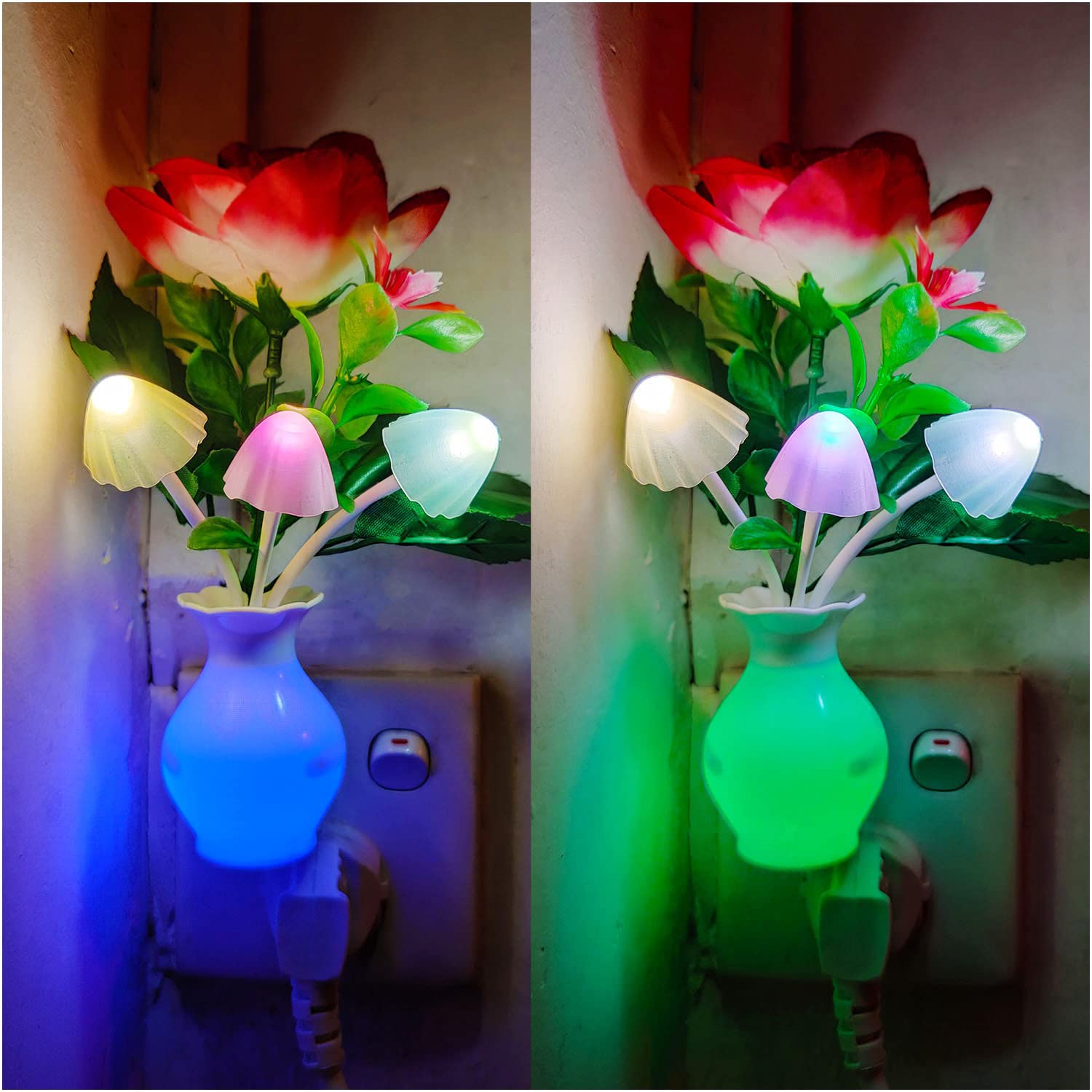 AUSAYE 2 Pack Color Changing LED Night Light Plug-in - Mushroom & Rose Flower Design for Kids Adults - Bedroom, Bathroom, Nursery, Kitchen, Basement - Perfect for Nighttime Safety and Ambiance Lighting