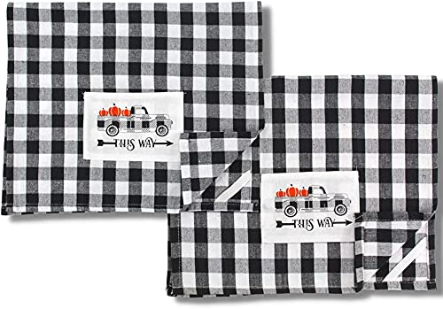 4-Piece Fall Kitchen Set - Buffalo Plaid Pickup Truck with Pumpkins Print - Includes 2 Towels, 1 Potholder & 1 Oven Mitt - Decorative & Functional Kitchen Accessories for Thanksgiving, Autumn Decor & Cozy Farmhouse Style