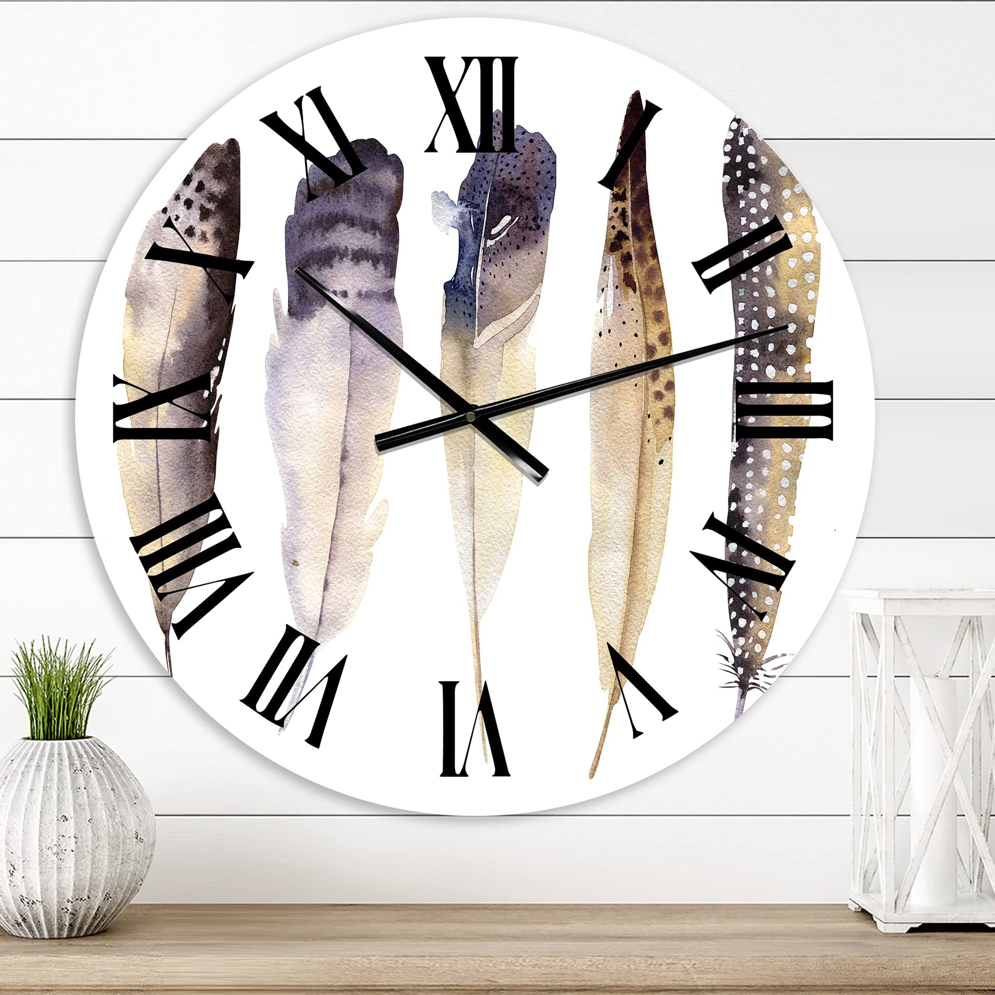 Boho Ethnic Dark Gray Feathers Wall Clock - Large Animal Themed Decor for Bedroom, Living Room & Office | Unique Bohemian Style Home Accessory