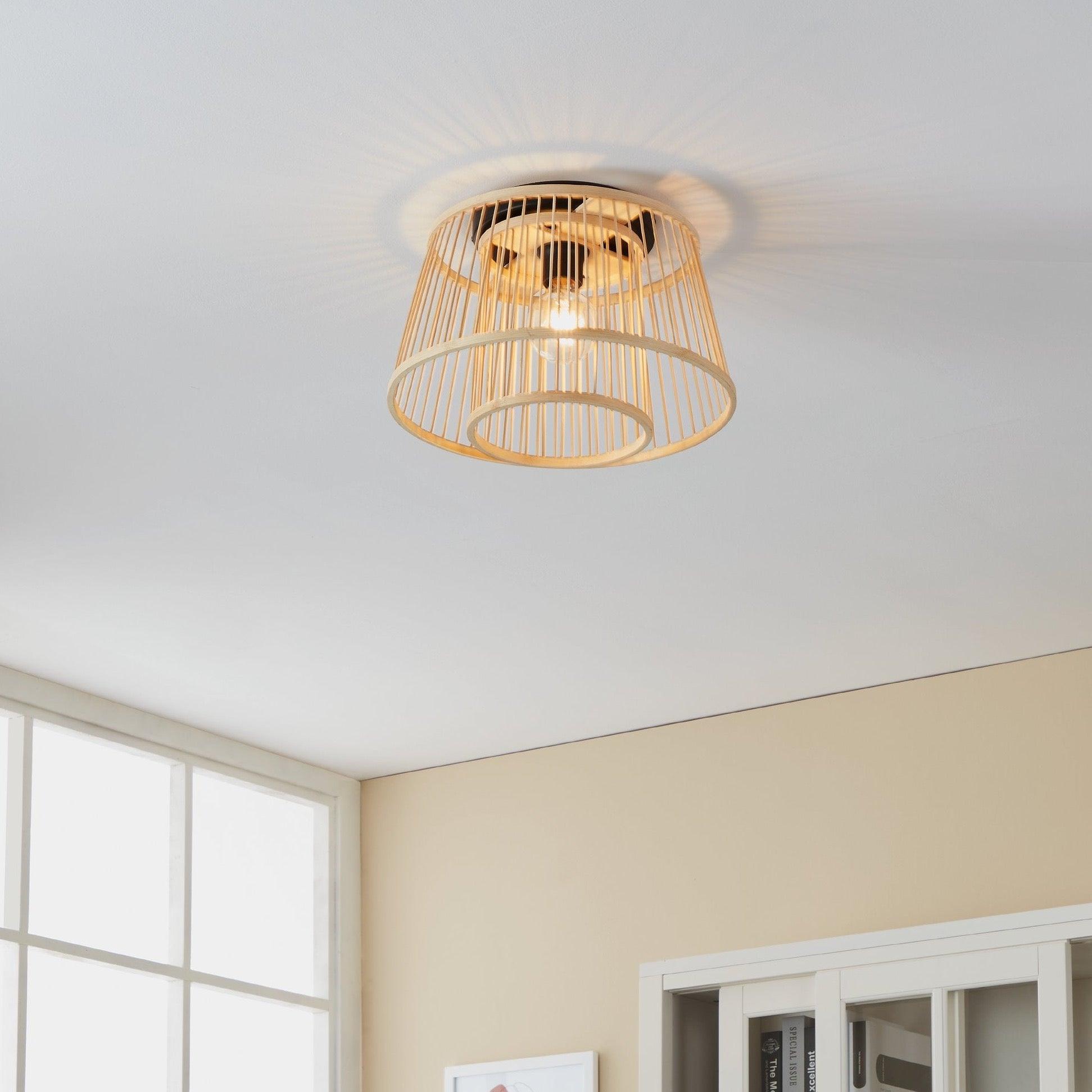 Eglo Hykeham Natural Wood Flush Mount Ceiling Light Fixture - Modern Farmhouse Lighting for Bedroom, Kitchen & Living Room