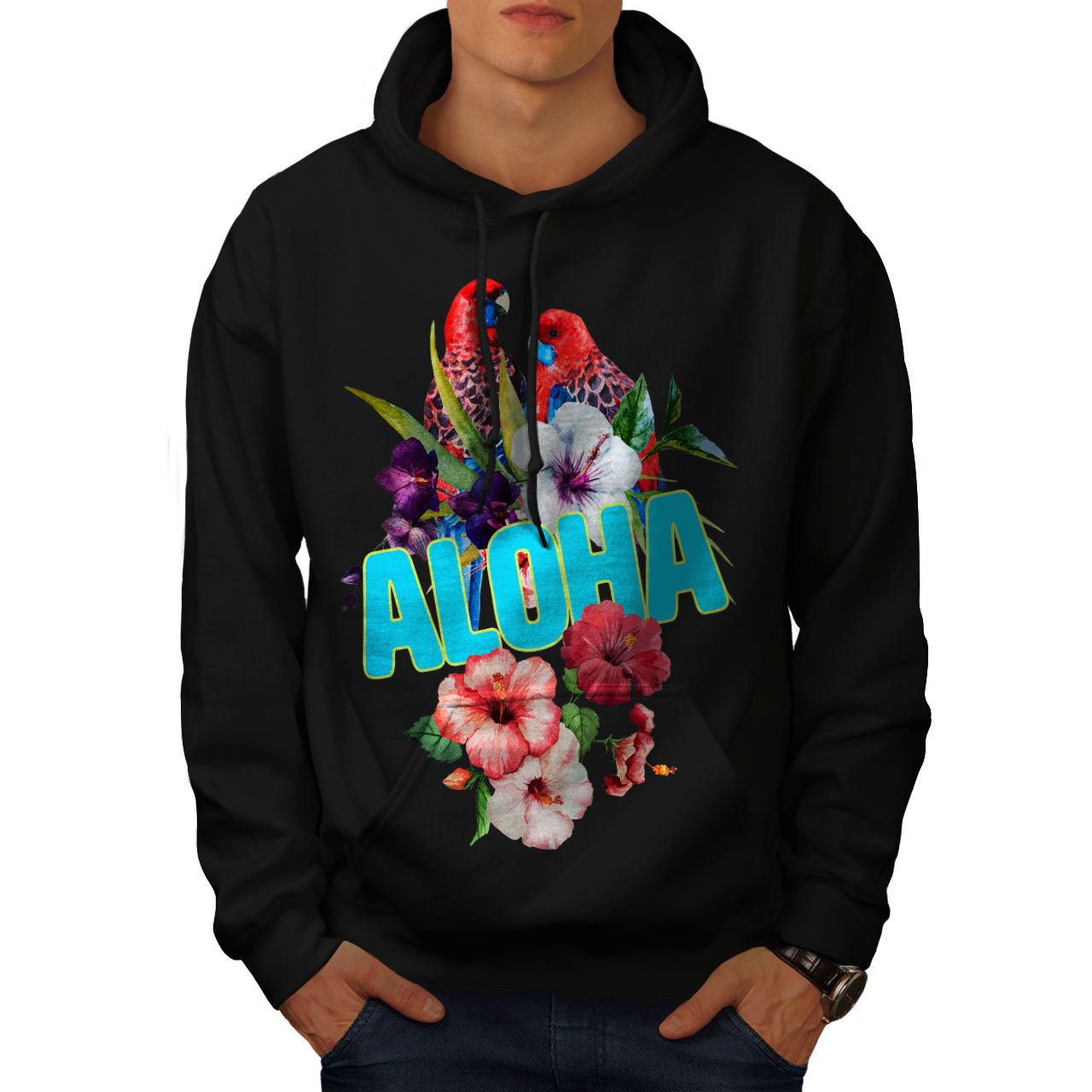 Wellcoda Hawaiian Aloha Bloom Men's Hoodie - Tropical Bird Print Pullover Sweatshirt for Casual Wear & Beach Vacation Outfits