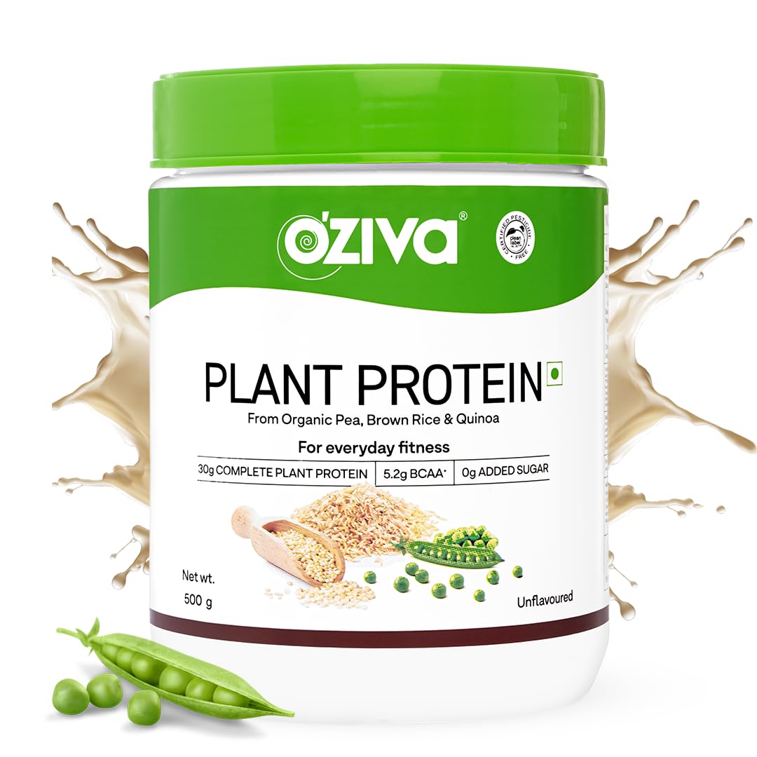 OZiva Organic Plant Protein Powder for Fitness & Muscle Recovery | 30g Pea Protein Isolate | Vegan, Sugar-Free, Clean Certified Protein Supplement | Unflavored 500g | Perfect for Post-Workout Shakes & Smoothies
