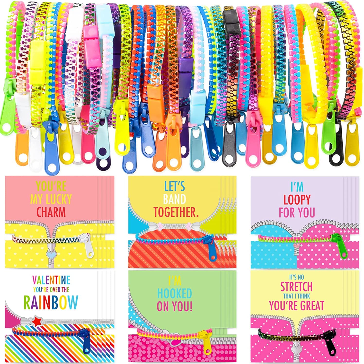 OuMuaMua 30Pcs Valentine's Day Cards with Fidget Zipper Bracelets - Kids Classroom Exchange Gifts, Party Favors for School Celebrations & Friendship Activities
