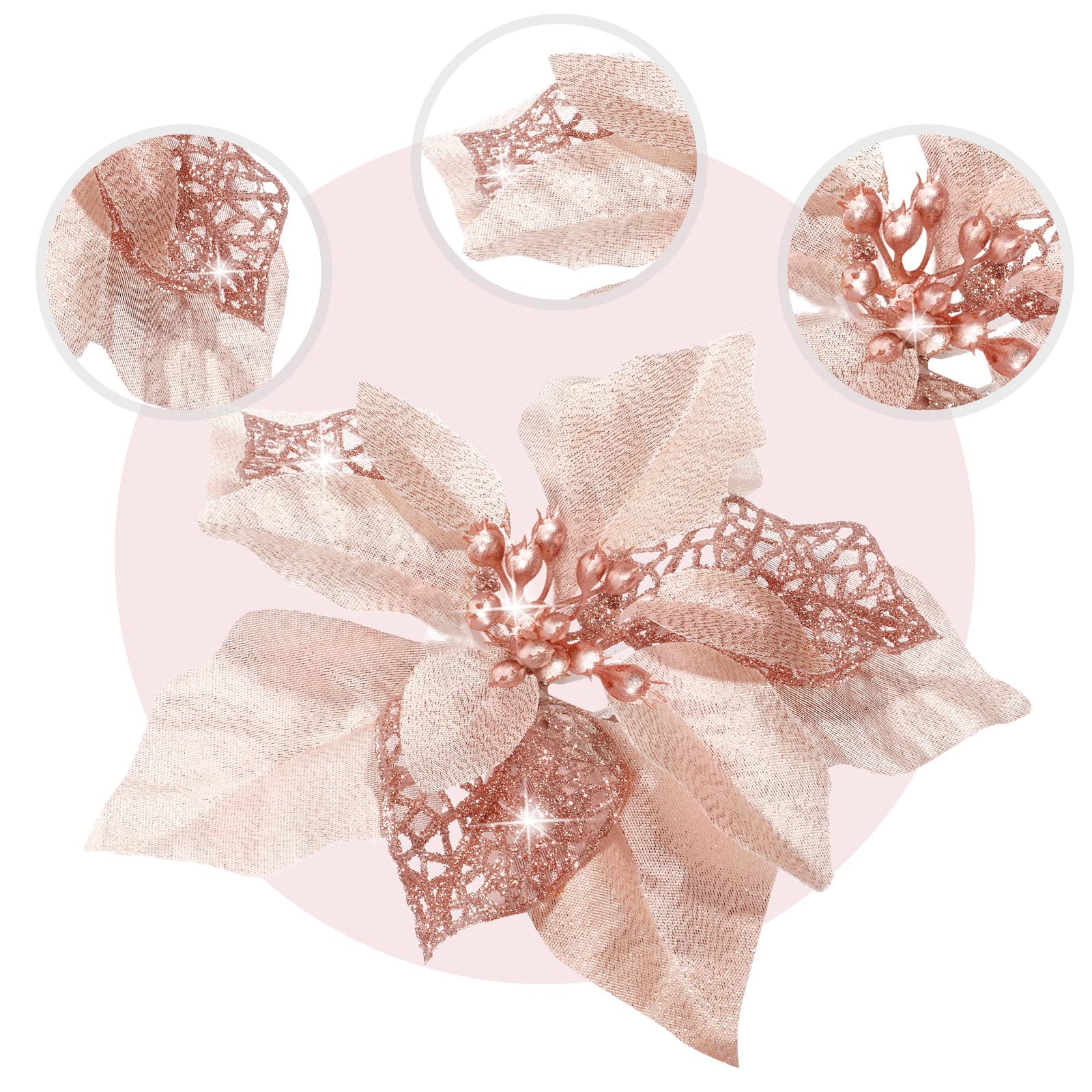 24-Piece Christmas Artificial Glitter Poinsettia Flowers Set - Rose Gold Xmas Decorations for Tree, Wedding, Party & New Year Ornaments - Perfect for Holiday Home Decor and Festive Celebrations