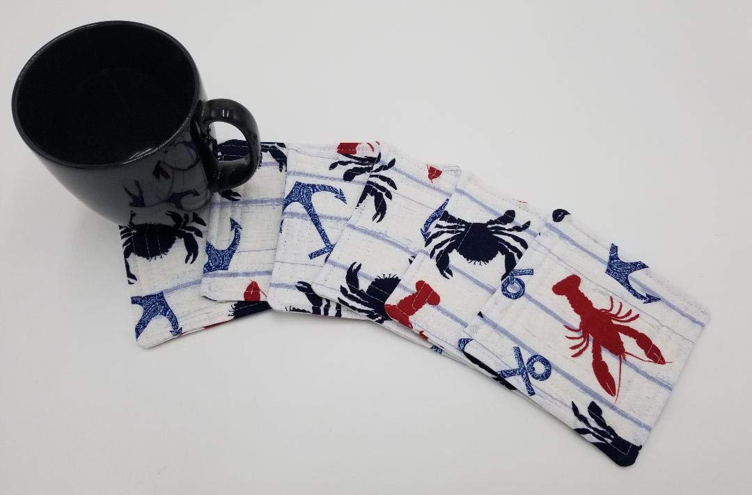 Premium Crab & Lobster Quilted Coasters Set of 6 - Absorbent Drink Coasters for Seafood Restaurants, Beach Houses & Coastal Home Decor