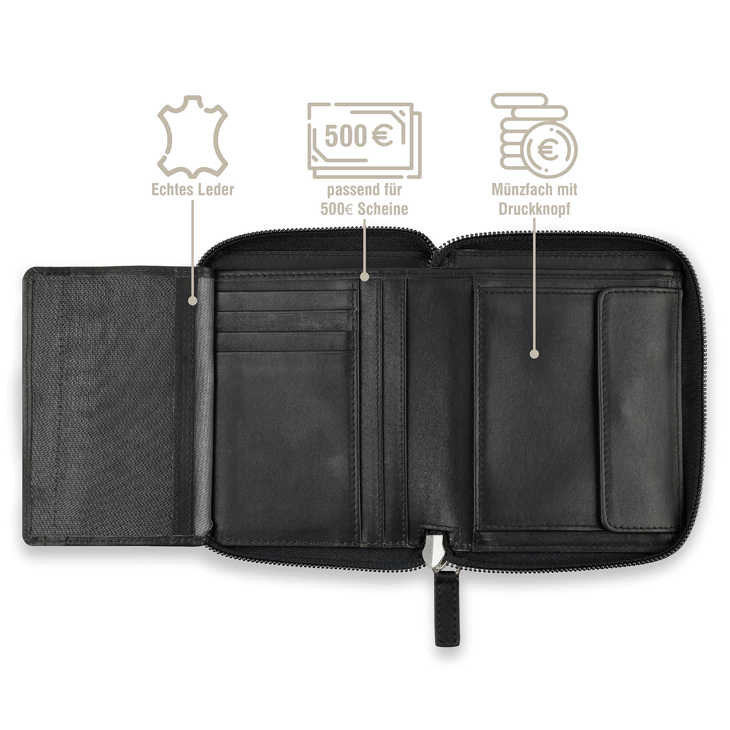 Bugatti Purse Primo with Zipper Coin Pouch - Compact 12cm Black Leather Wallet for Women | Perfect for Everyday Use, Travel & Gift Giving
