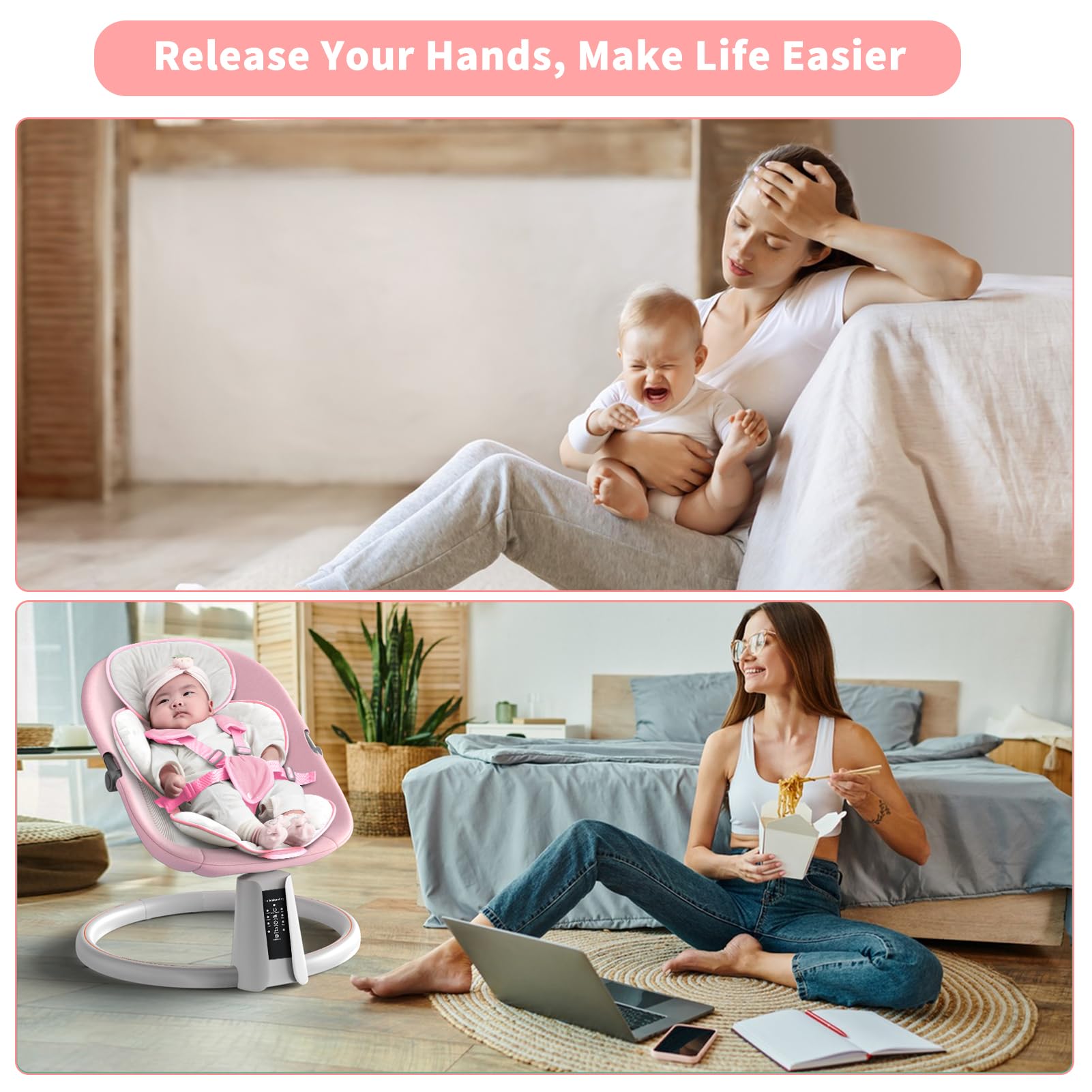 **Baby Swing with Bluetooth & Music Speaker - 5 Speed Adjustable, Remote Control, 12 Lullabies - Portable Electric Infant Swing for Indoor & Outdoor Use (Pink) - Perfect for Nursery, Travel & Soothing Fussy Babies**