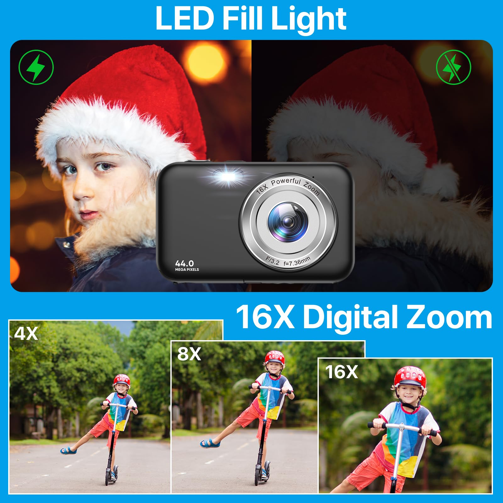 **44MP 1080P HD Kids Digital Camera with LCD Screen & 16X Digital Zoom - Rechargeable Compact Camera for Boys, Girls & Students - Perfect for Travel, Birthday Gifts & School Projects (Black)**