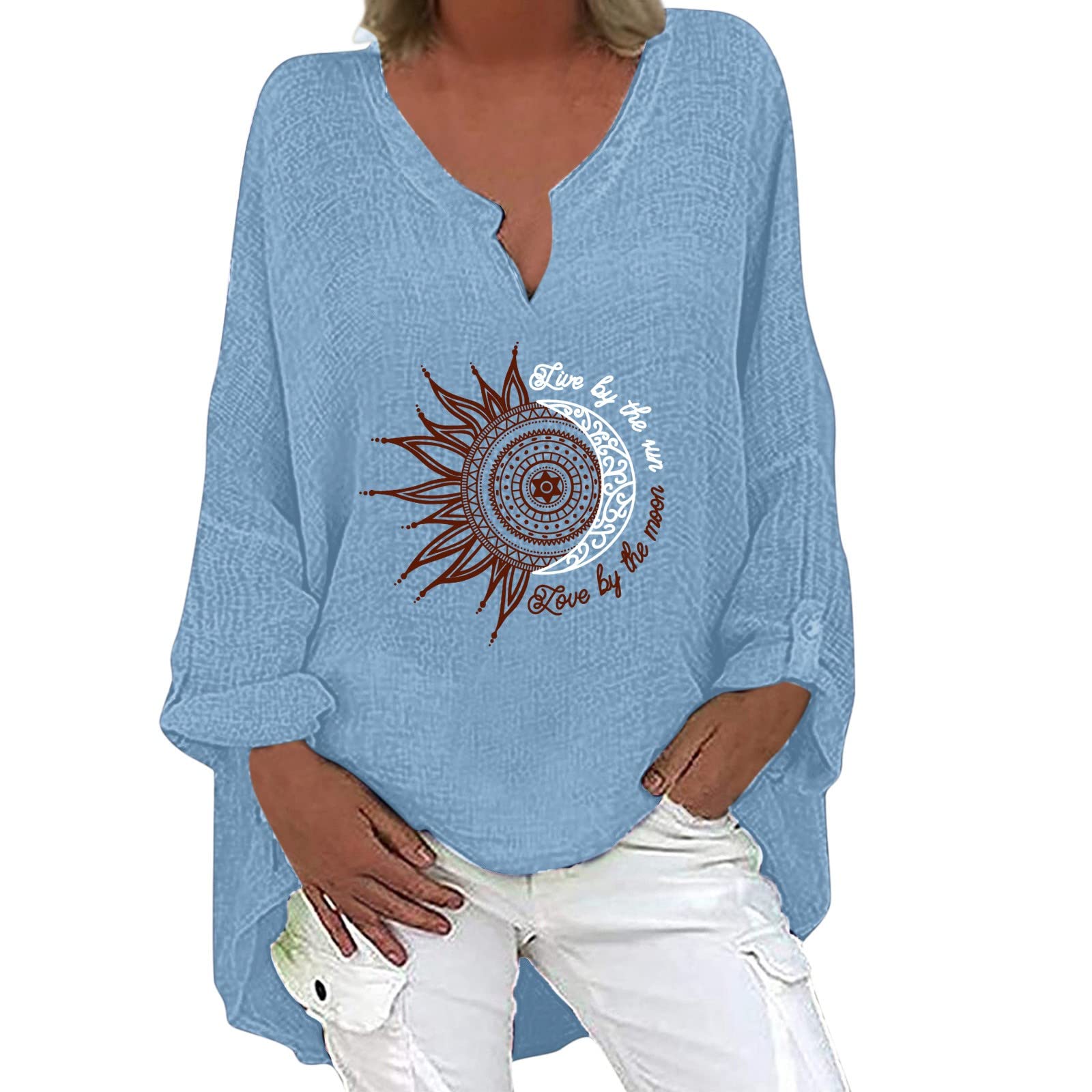 Women's Floral Print Long Sleeve V-Neck Tunic Top with Asymmetrical Hem - Casual Blouse for Work, Date Night & Fall Layering