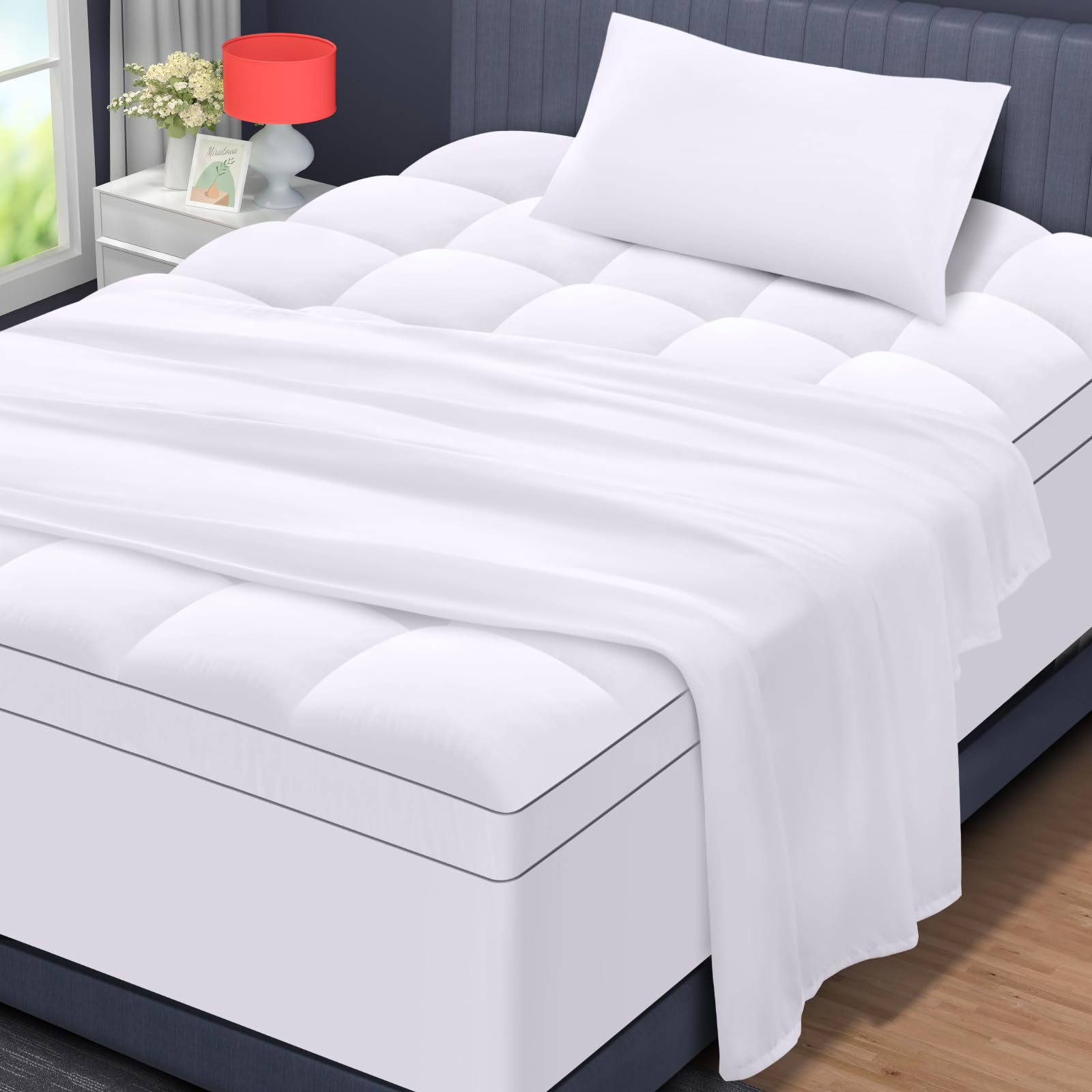 MASVIS 3-Piece Twin Size Mattress Topper Set - Ultra Soft Bed Sheets with Extra Thick Mattress Pad Cover - Plush Pillow Top for Back Pain Relief (8-21 Inch Deep Pocket, White) - Perfect for Guest Rooms, Dorms & Comfortable Sleep