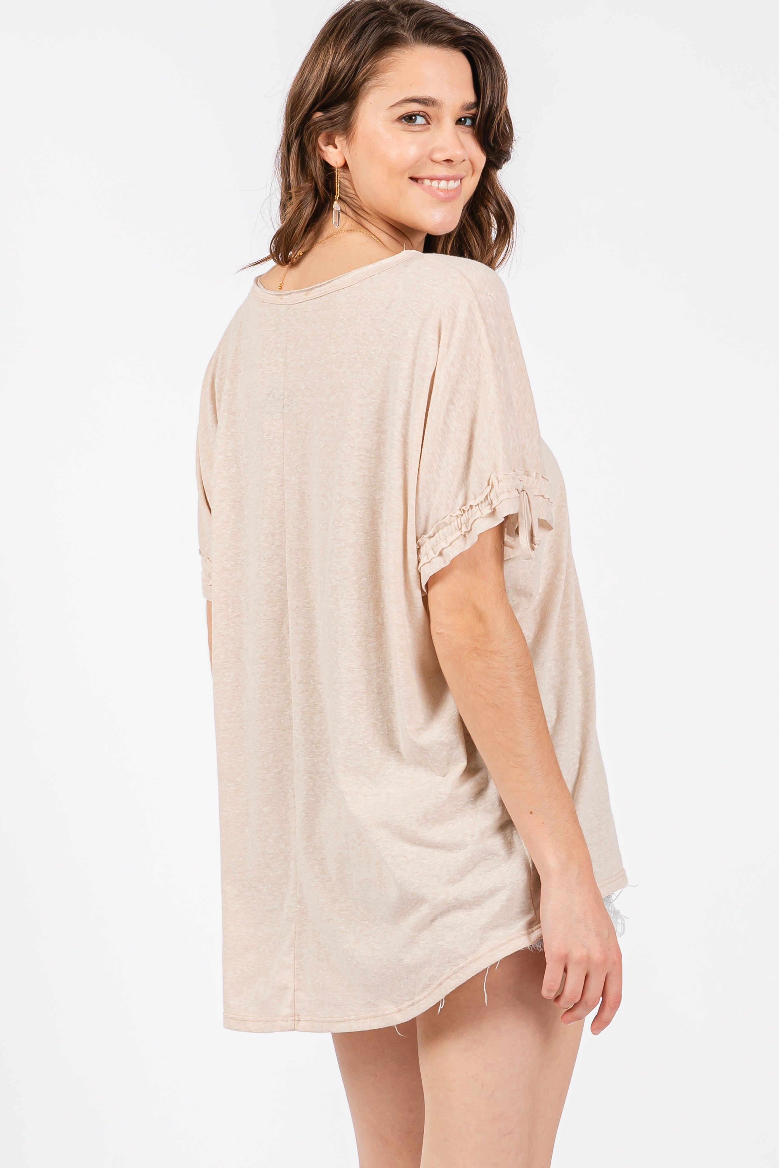 Beige Drawstring Dolman Sleeve Tunic Top for Women - Casual Loose Fit Blouse with Elastic Waist - Perfect for Layering, Lounge Wear & Boho Outfits