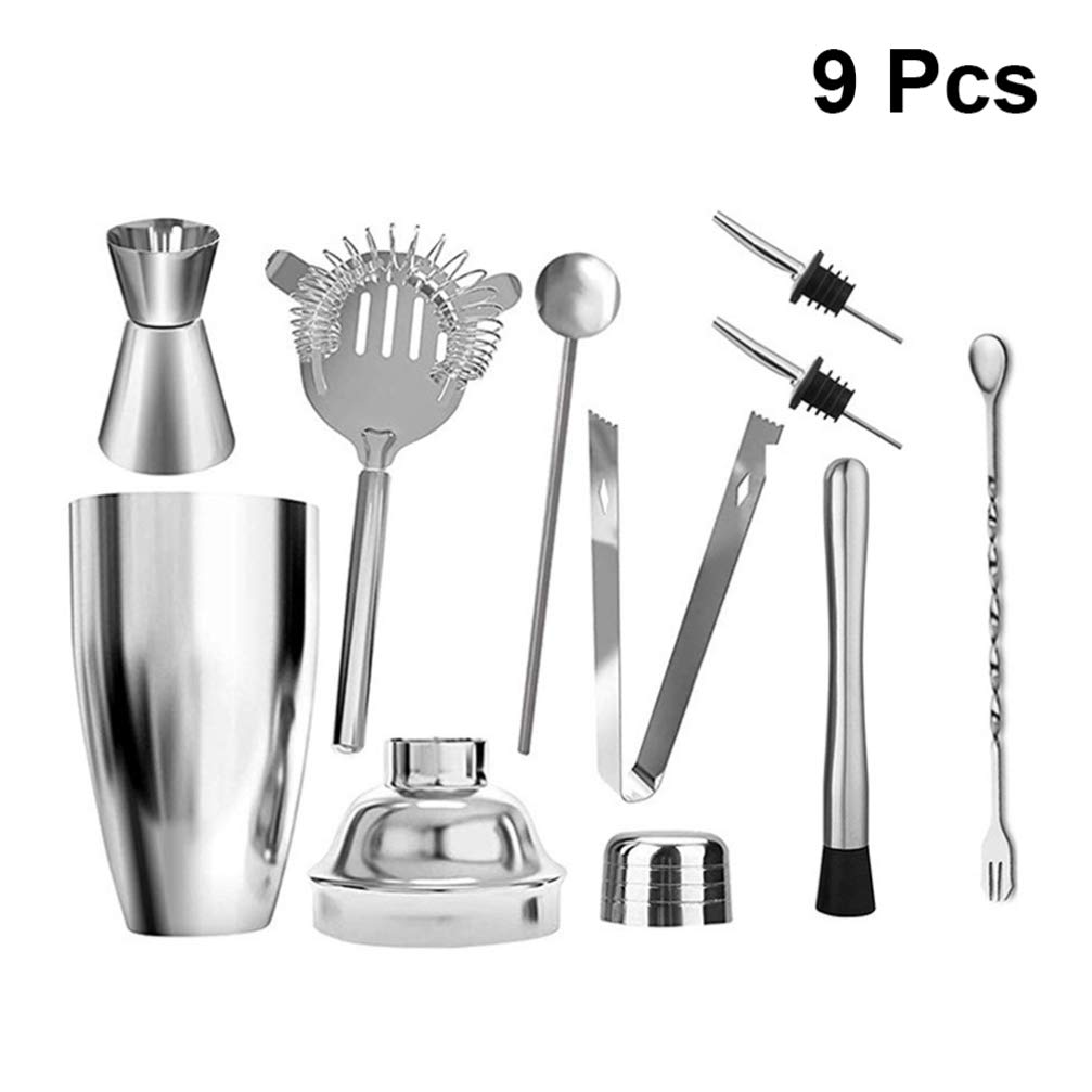 Premium 9-Piece Stainless Steel Cocktail Shaker Set - Bartender Mixology Kit with Drink Recipe Booklet - Ideal for Home Bars, Parties & Professional Bartending
