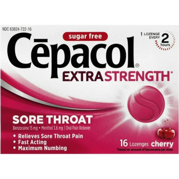 **Extra Strength Cepacol Sore Throat Lozenges - Cherry Flavor (16 Count/Box) | Fast-Acting Relief for Cough & Throat Pain | Perfect for Travel, Work & Home Use**