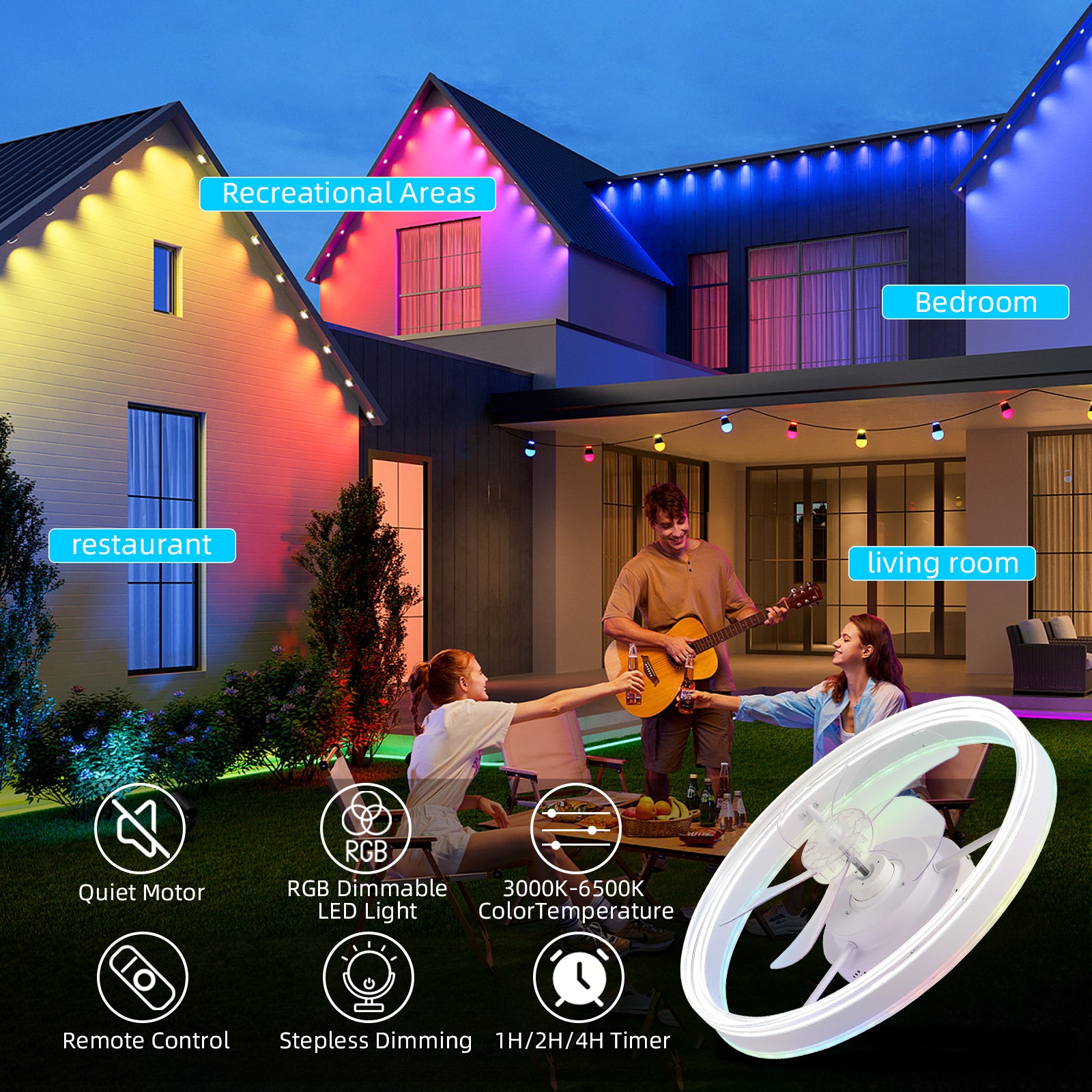 19.7 Inch RGB LED Ceiling Fan with Light - 3 Color Temperatures, 6 Speed Adjustable, Reversible Rotation - Perfect for Bedroom, Living Room & Home Office