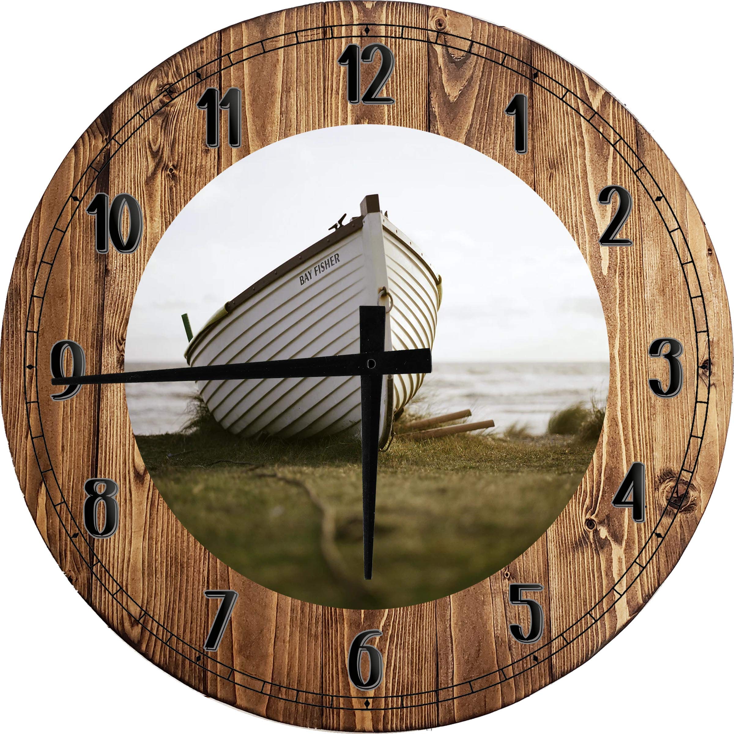 Nautical Fishing Boat Large Round Wood Wall Clock - 12 Inch Rustic Decor for Living Room, Bedroom, or Office | Perfect for Coastal, Beach, and Marine Theme Interiors