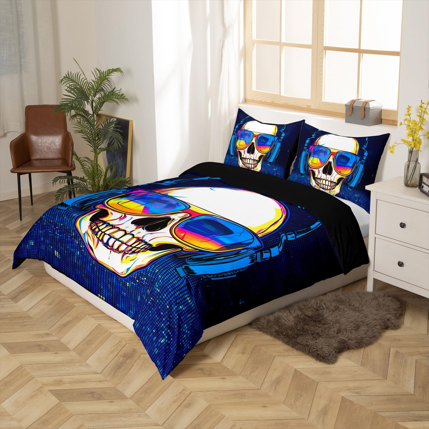 Erosebridal Boys Headset Skull Bedding Set - Full Size Music Skull Comforter Cover, Punk Rock Gothic Skull Duvet Cover for Teen & Adult Bedrooms - Perfect for Rock Music Lovers, Gothic Home Decor & Modern Bedroom Style