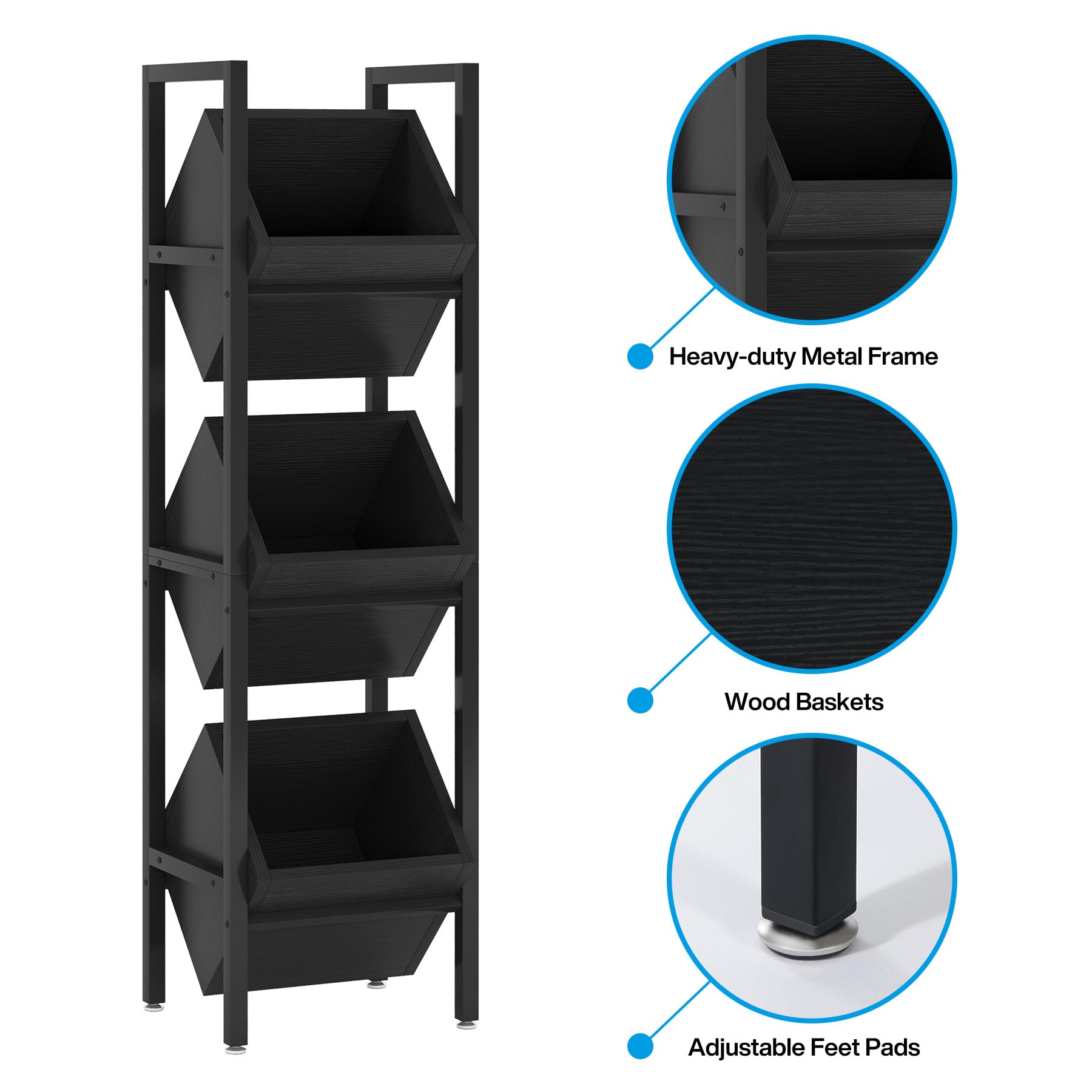 Tribesigns 3-Tier Wooden Basket Stand - Rustic Vertical Storage Organizer with Baskets for Kitchen, Bathroom & Living Room - Perfect for Fruits, Snacks, Towels & Home Decor (Black)