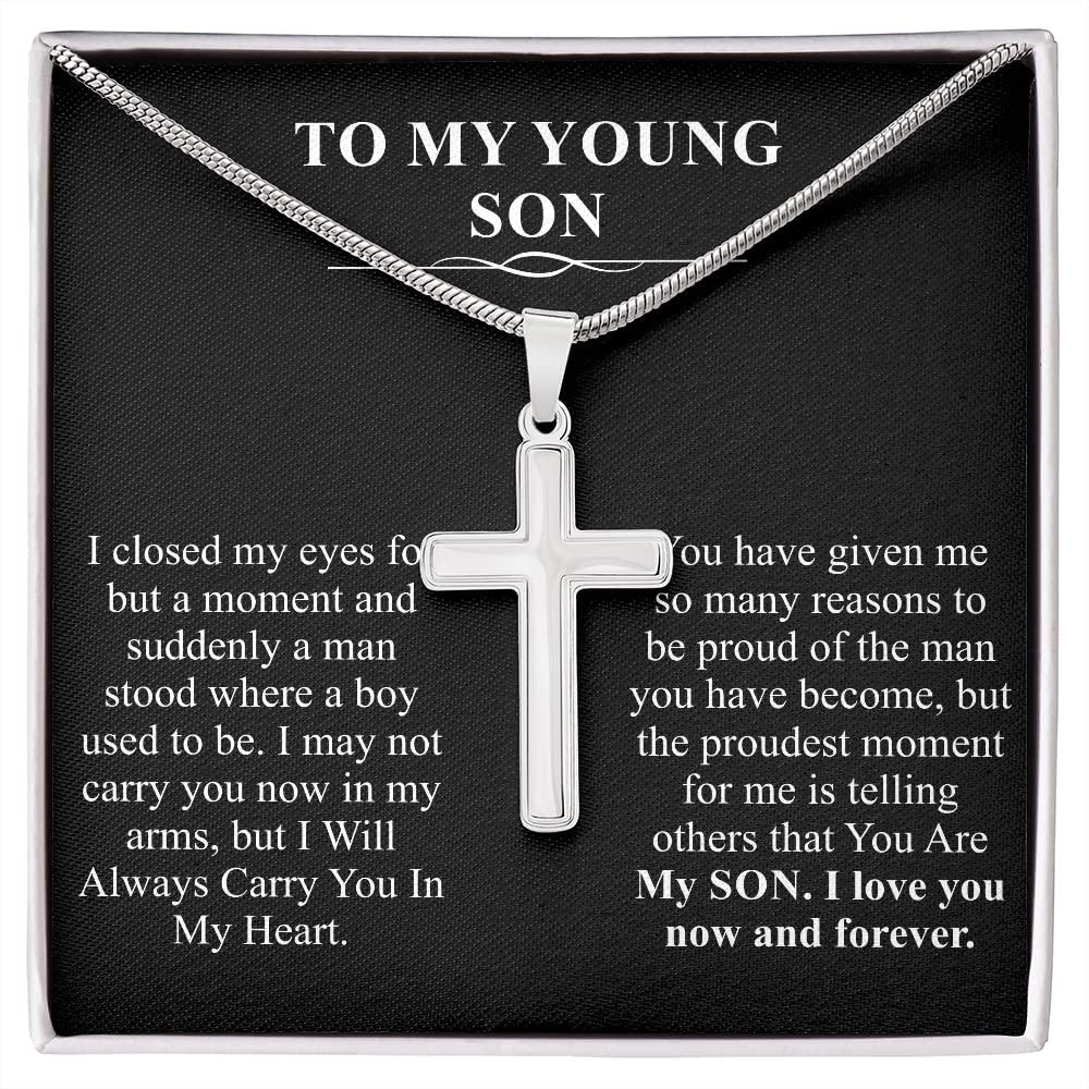 Meaningful Jewelry Gifts for Son - Personalized Cross Necklace for Birthday from Mom or Dad - 18th, 19th, 21st Birthday Gift with Message Card - Perfect for Graduation, Father's Day & Special Occasions