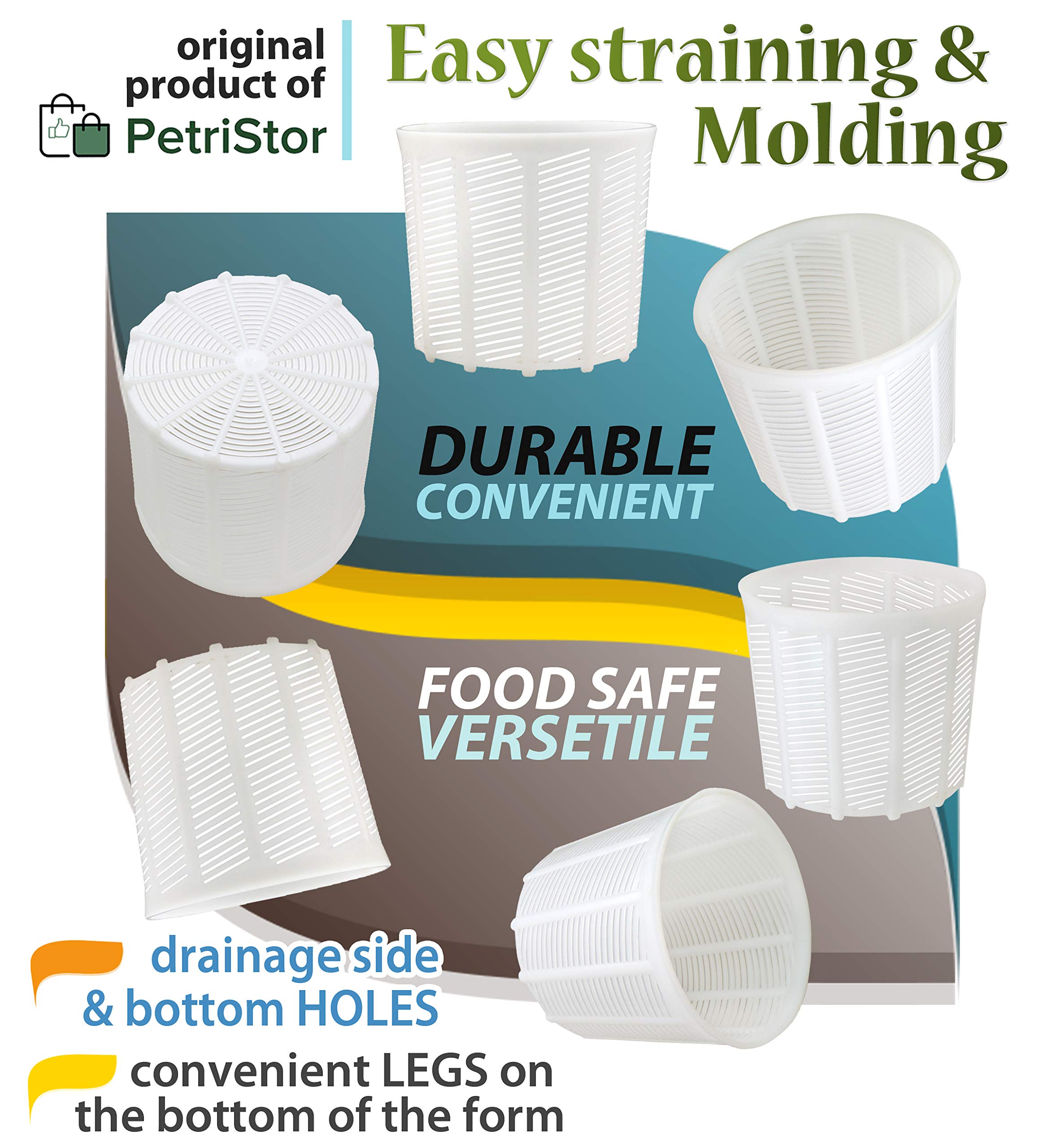 PetriStor 6-Piece Soft Cheese Mold Set for Homemade Cheese Making - 1.85QT Cream Cheese & Feta Mold - Stainless Steel Cheese Form Basket - DIY Cheese Making Supplies for Fresh Cheese, Mozzarella & Ricotta - Perfect for Home Cheesemaking, Gifts & Culinary Classes