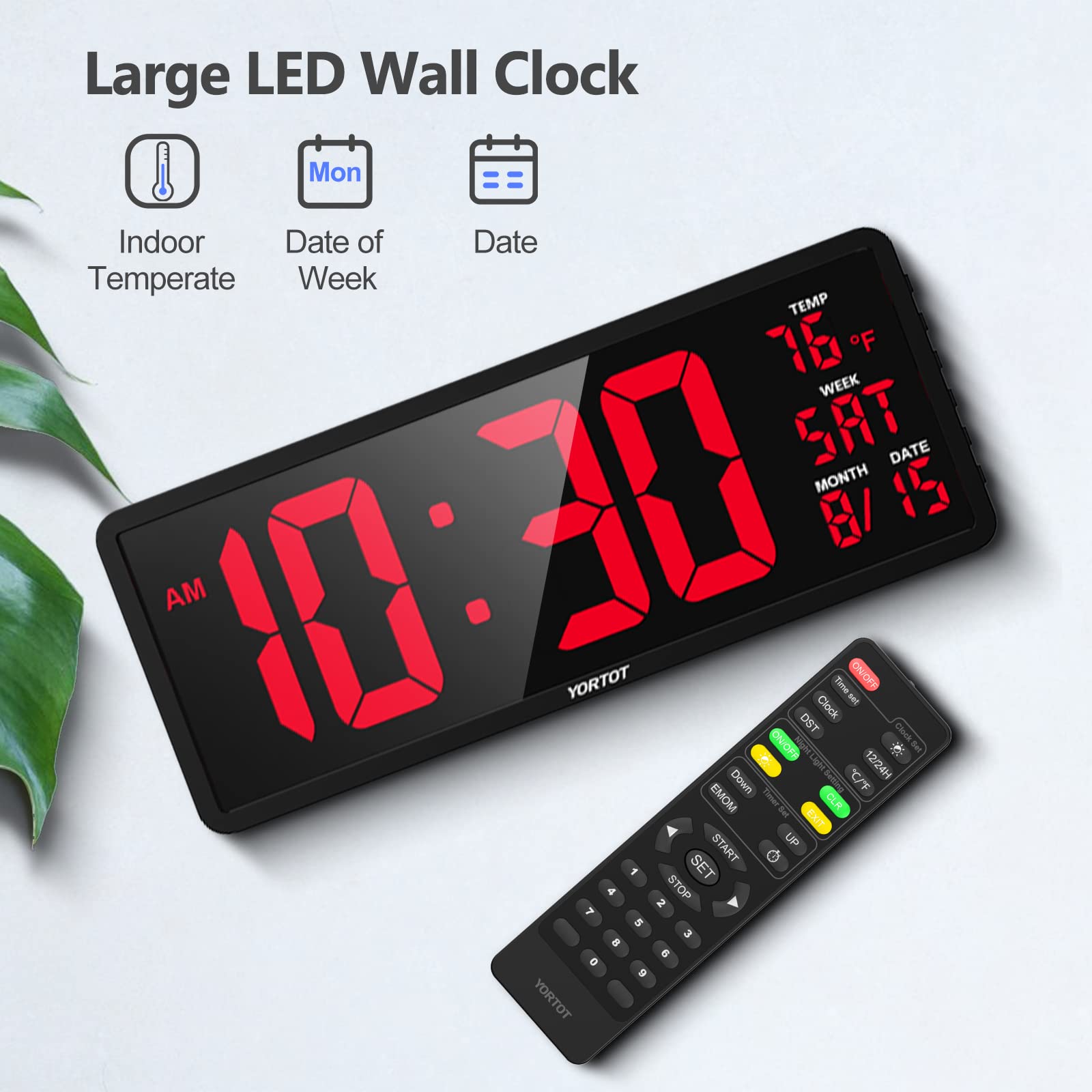 YORTOT 16 Inch Digital Wall Clock with Large LED Display - 7 Color Backlight & Remote Control | Indoor Temperature, Date, Countdown/Up Timer, Stopwatch | Perfect for Home Gym, Garage, Office & Classroom