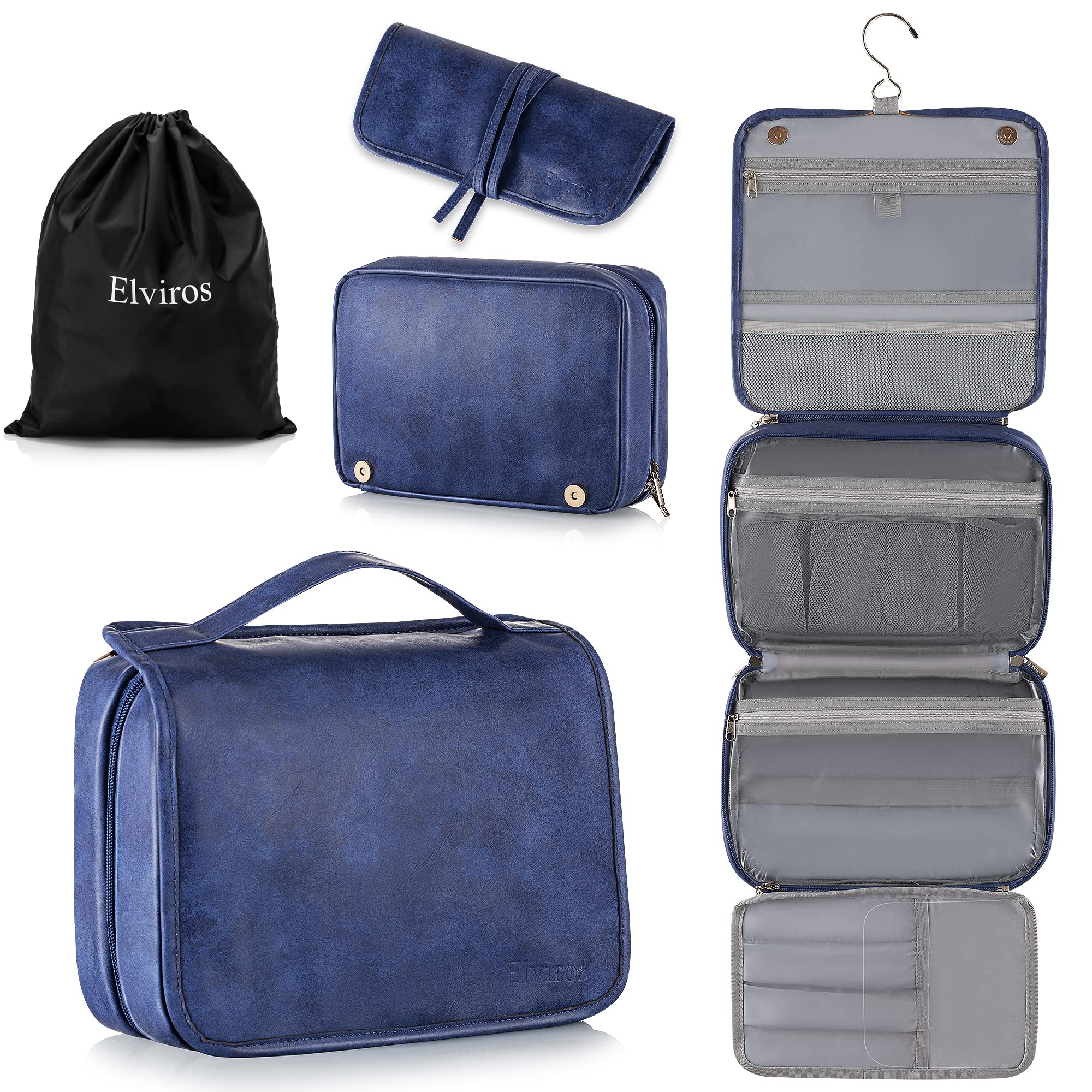 Elviros Hanging Travel Toiletry Bag for Men & Women - 3-in-1 Large Waterproof Makeup Organizer with PU Leather - Perfect for Bathroom, Camping & Air Travel Accessories Storage