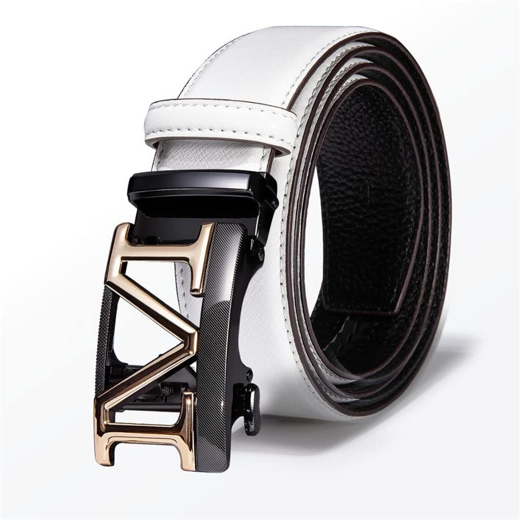 KAPOHU Men's Genuine Leather Belt with Automatic Buckle - White & Black Cowhide Dress Belt for Business, Casual & Formal Wear | Adjustable Waistband for Office, Wedding & Everyday Use
