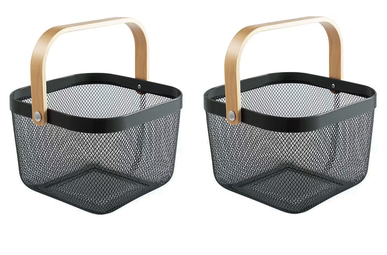 2 Pack Black Metal Mesh Steel Baskets with Wood Handles - Multi-Purpose Storage Organizer for Kitchen, Bathroom, Picnic & Home Decor - Perfect for Fruits, Vegetables, Spices & Household Items