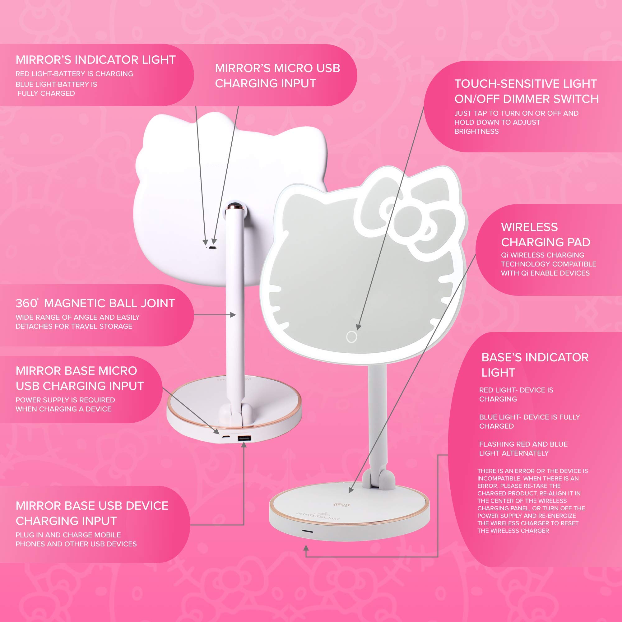 Hello Kitty LED Makeup Mirror with 360° Rotation & Touch Sensor - Rechargeable Vanity Mirror with Adjustable Brightness & Light Strip for Home, Bedroom, and Travel Beauty Routine