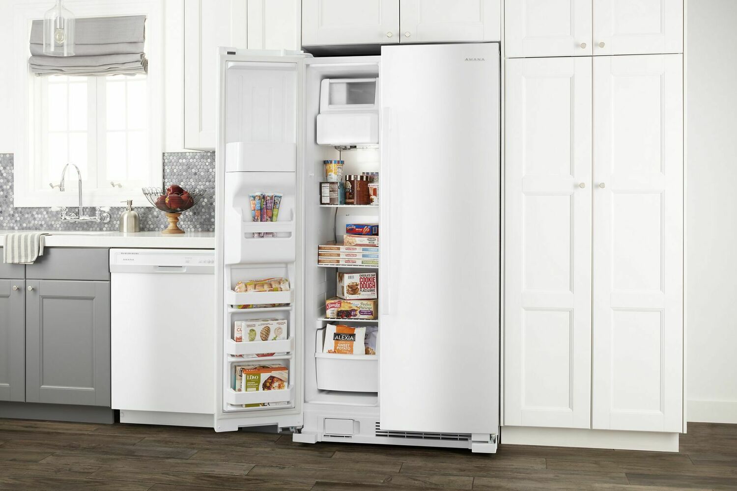 Amana ASI2175GRW 33 Inch Side by Side Refrigerator with Dual Pad External Ice and Water Dispenser - White | Energy Efficient Stainless Steel French Door Fridge for Kitchen, Office, or Basement | Perfect for Large Families and Entertaining