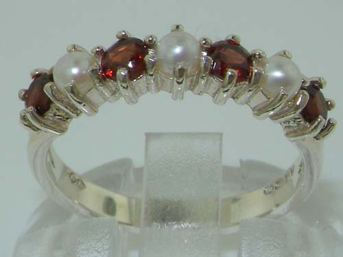 925 Sterling Silver Cultured Pearl & Garnet Women's Eternity Ring - Elegant Stackable Wedding Band for Anniversary, Engagement, or Gift Giving