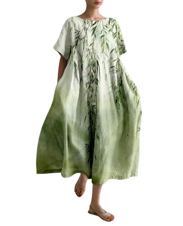 Boho Floral Cotton Linen Maxi Dress for Women - Oversized Loose Flowy Summer Dress with Pockets - Casual Beach Dress, Vacation Outfit, Plus Size 3XL in Green