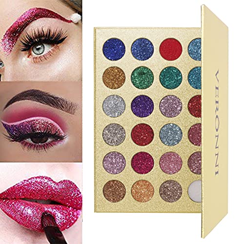 VERONNI 24 Color Glitter Eyeshadow Palette - Metallic & Highly Pigmented Shimmer Makeup - Long Lasting Professional Eye Shadow Kit for Party, Halloween, Night Out & Special Occasions