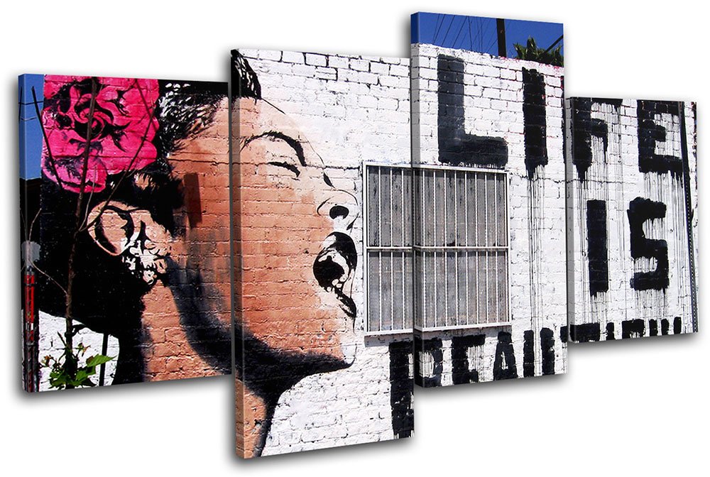 Banksy Street Art Canvas Print - Life is Beautiful 160x90cm Framed Wall Art - Handmade in UK - Ready to Hang - Perfect for Living Room, Bedroom & Office Decor