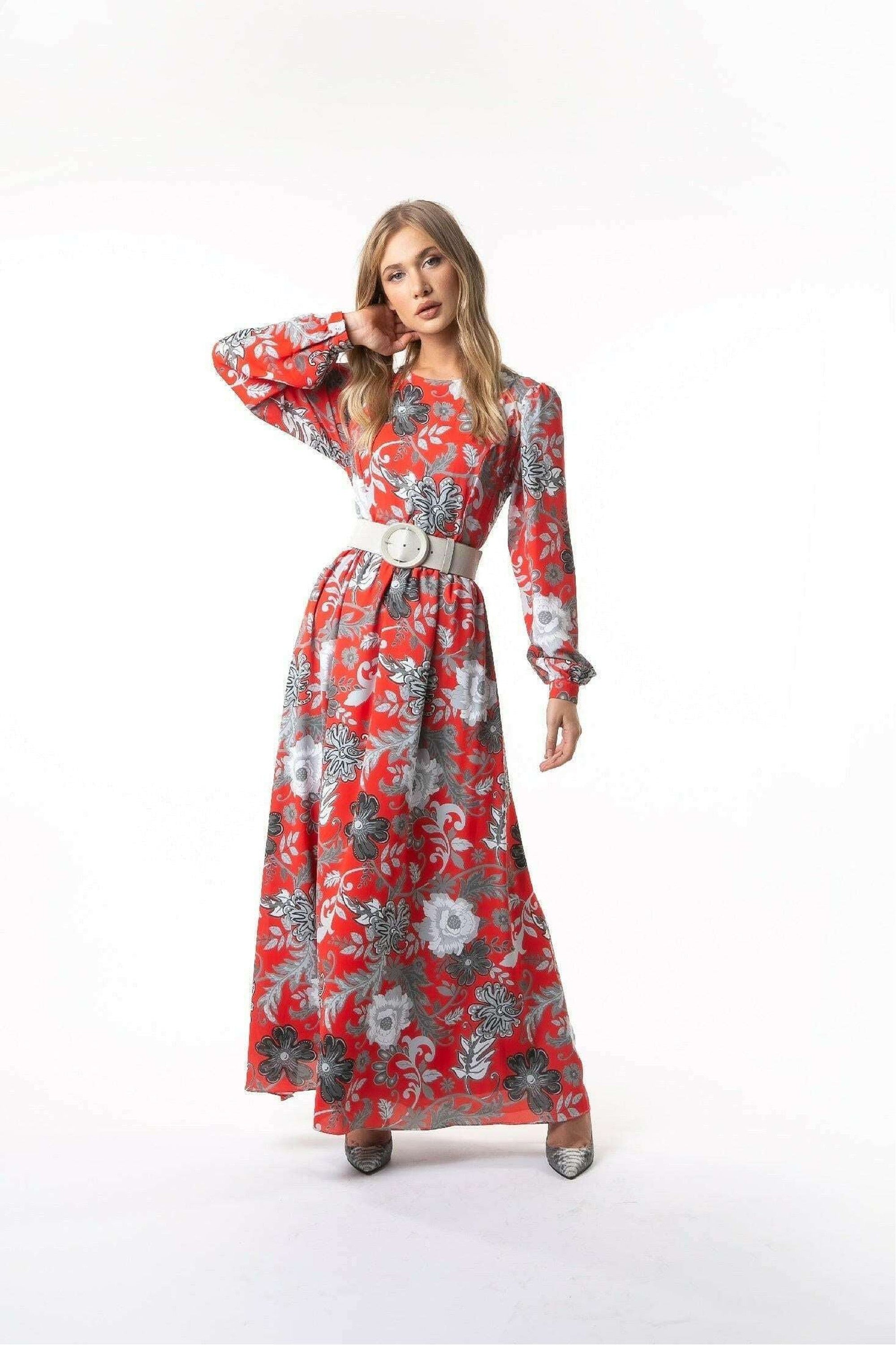 Kelly Floral Long Maxi Dress with Long Sleeves - Elegant Boho Summer Dress for Women, Beach Wedding Guest Outfit, Vacation & Party Wear