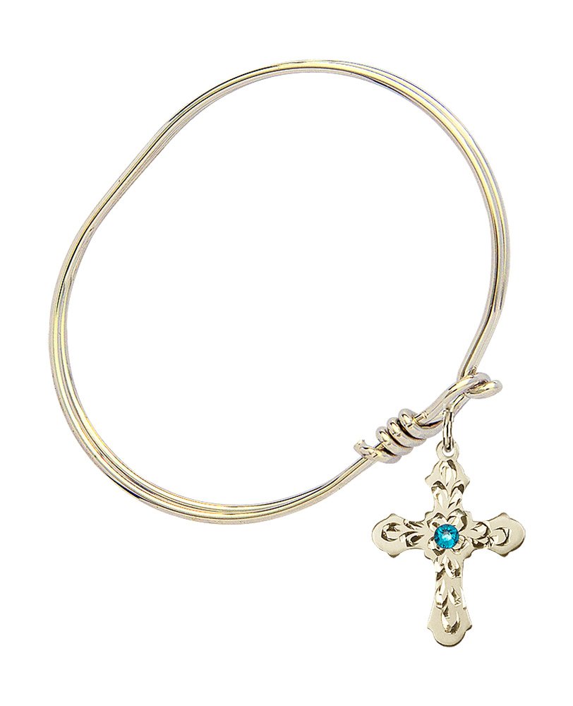 5 3/4 Inch Oval Eye Hook Bangle Bracelet with Cross Medal Charm & December Blue Crystal - Elegant Jewelry for Women, Perfect for Christmas Gifts, Party Wear, and Everyday Fashion Accessories