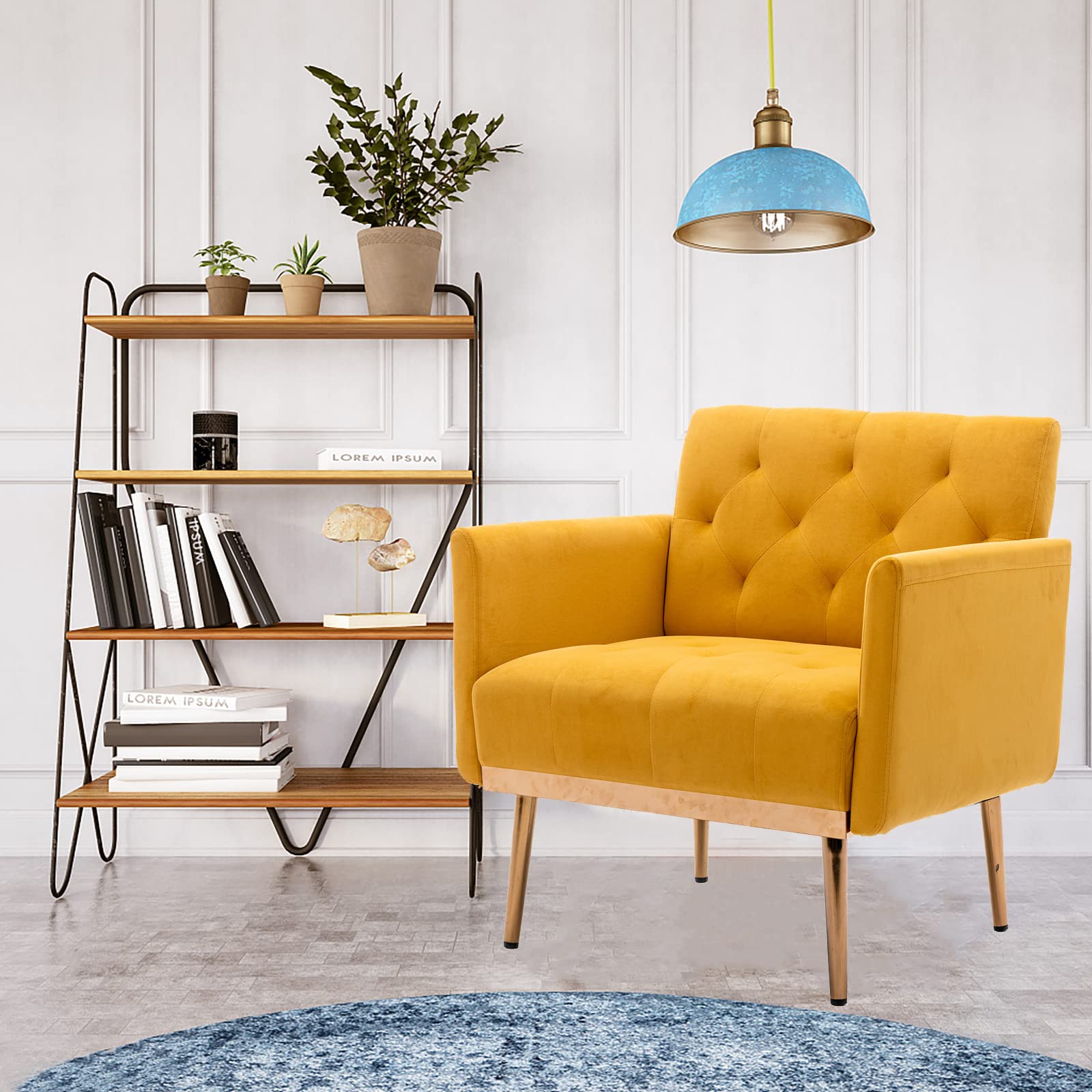 Modern Velvet Accent Chair with Gold Metal Feet - Comfortable Single Sofa for Living Room, Bedroom & Office - Space-Saving TV Armchair - Perfect for Small Spaces, Coffee Shops & Home Decor (Yellow)