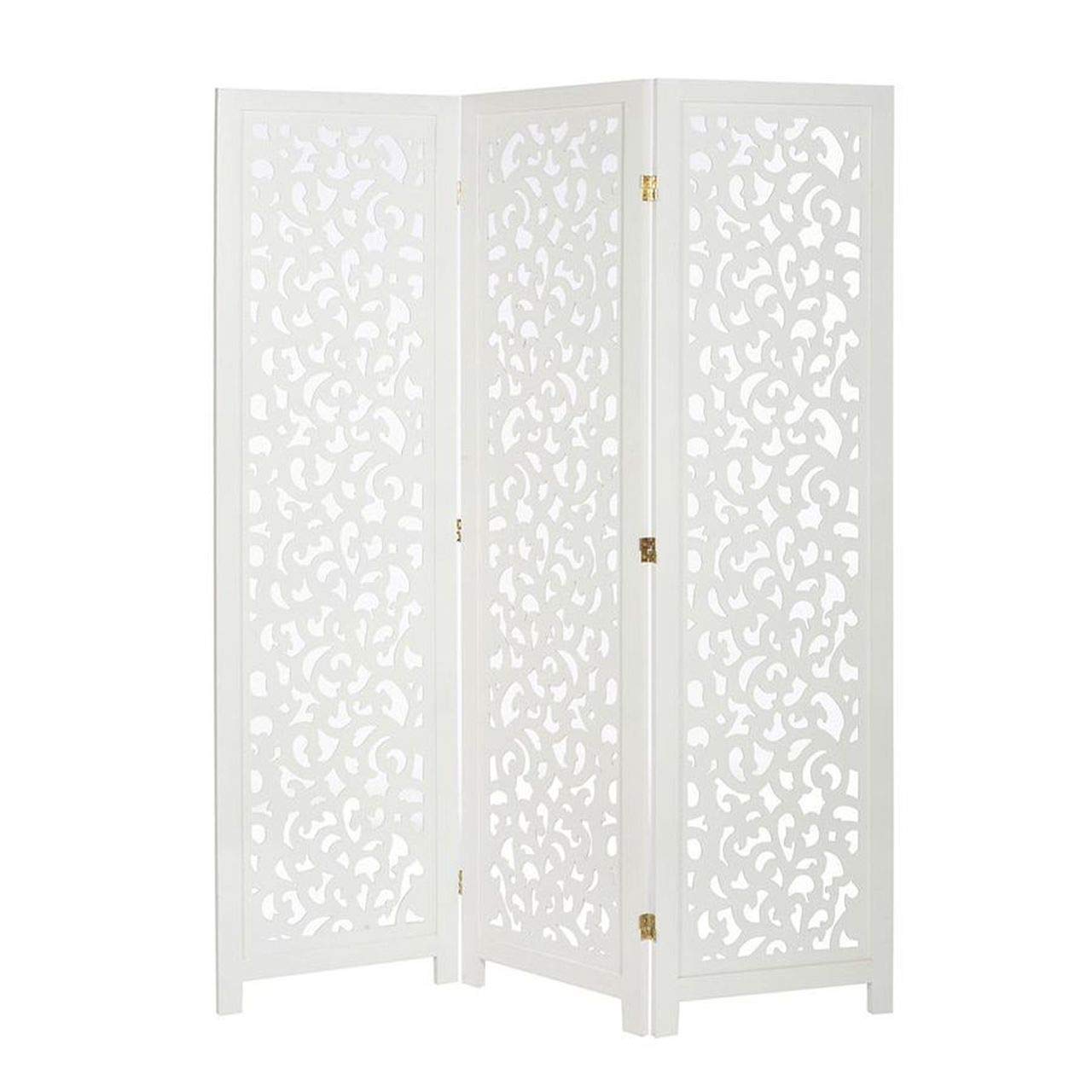 3 Panel Solid Wood Room Divider with Decorative Cutouts - White Freestanding Privacy Screen for Bedroom, Living Room & Office - Handcrafted by Legacy Decor