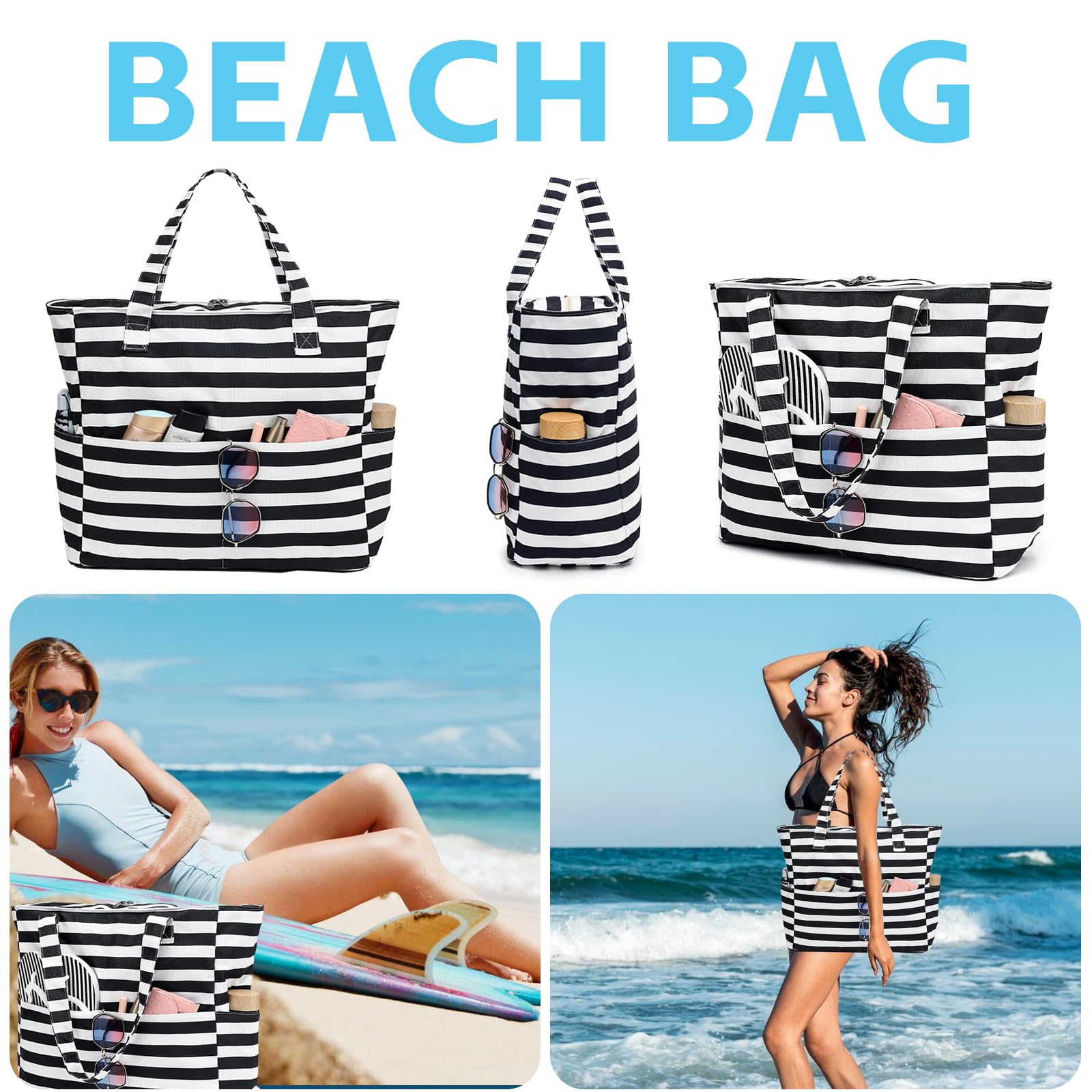 Waterproof & Sandproof Beach Tote Bag for Women - Large Zippered Pool Bag with Wet Pocket - Perfect for Gym, Grocery Shopping, Travel & Beach Days