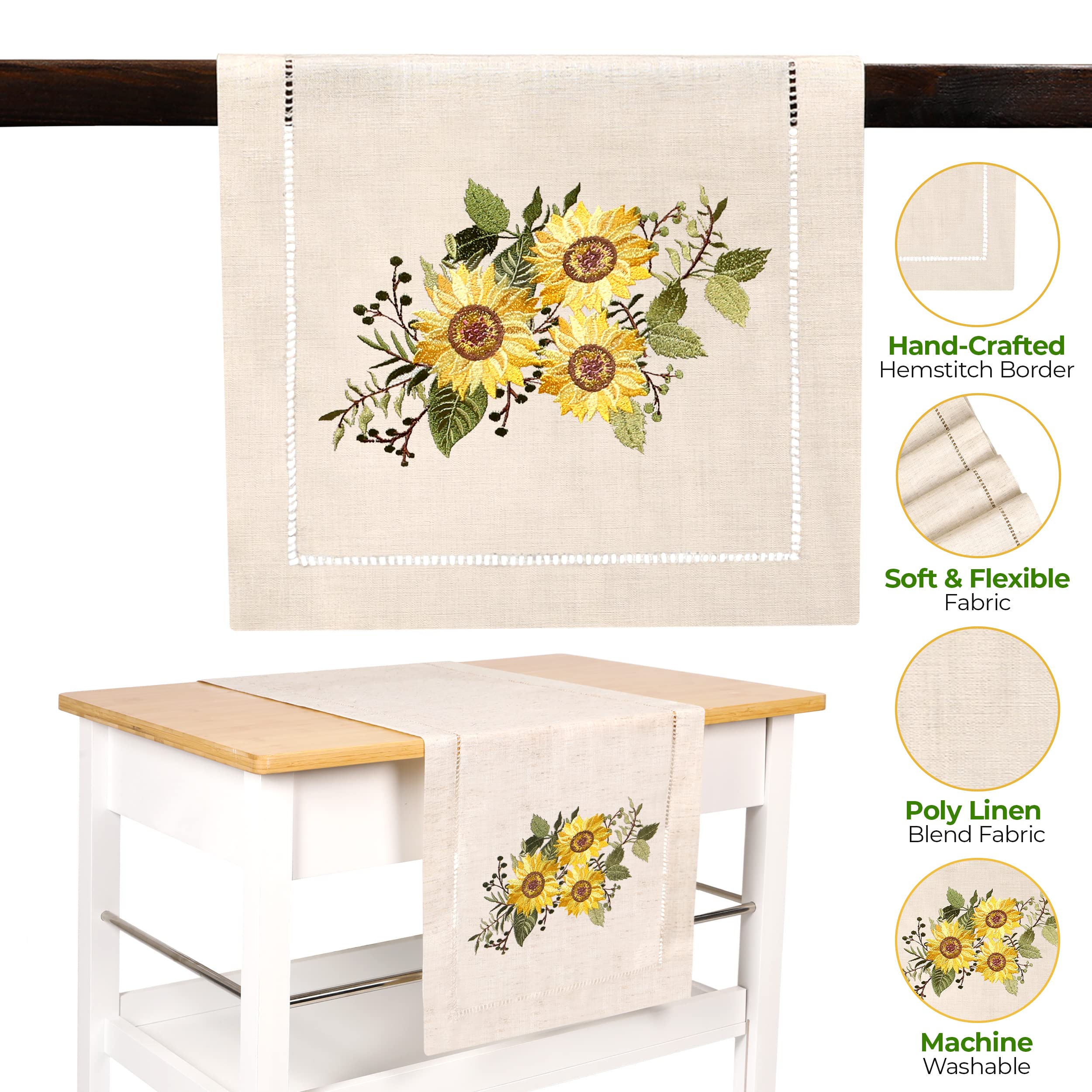 Sunflower Embroidered Beige Table Runner with Hemstitch - 14x108 Inch Rustic Farmhouse Decor for Dining Table, Coffee Table, Dresser & Bedroom - Perfect for Weddings, Holidays & Home Decoration