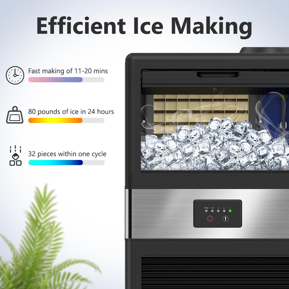 Commercial Ice Maker Machine 80LBS/24H with 18LBS Storage Bin - Stainless Steel Under Counter Large Ice Cube Maker - 2 Water Inlet Modes - Freestanding/Built-in Design for Bars, Restaurants, Home & Office Use - Perfect for Cocktails, Beverages & Commercial Kitchens