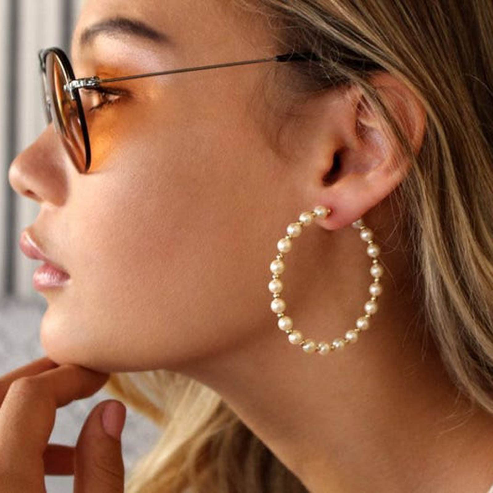 Olbye Pearl Earrings for Women - 14K Gold Plated Geometric Hoop Earrings with Beaded Charm, Large Circle Drop Dangle Earrings | Perfect for Wedding, Party & Everyday Jewelry