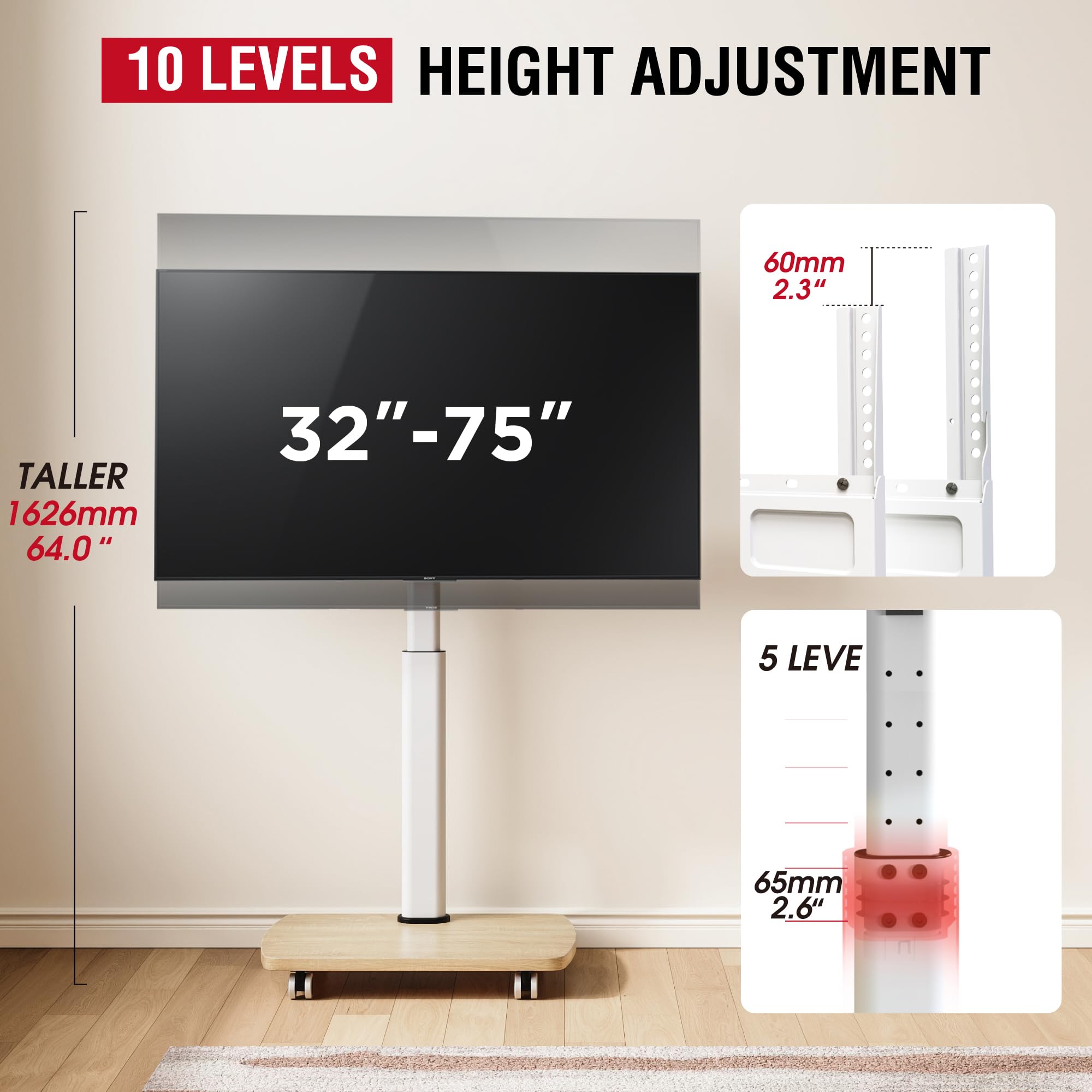 Portable Rolling TV Stand with Wheels for 43-75 Inch TVs - 10-Level Height Adjustable, 12° Tilt & 50° Swivel - Heavy Duty Mobile TV Floor Stand with Castors Holds up to 110 lbs (White) - Perfect for Living Rooms, Bedrooms, Outdoor Patios & Commercial Spaces