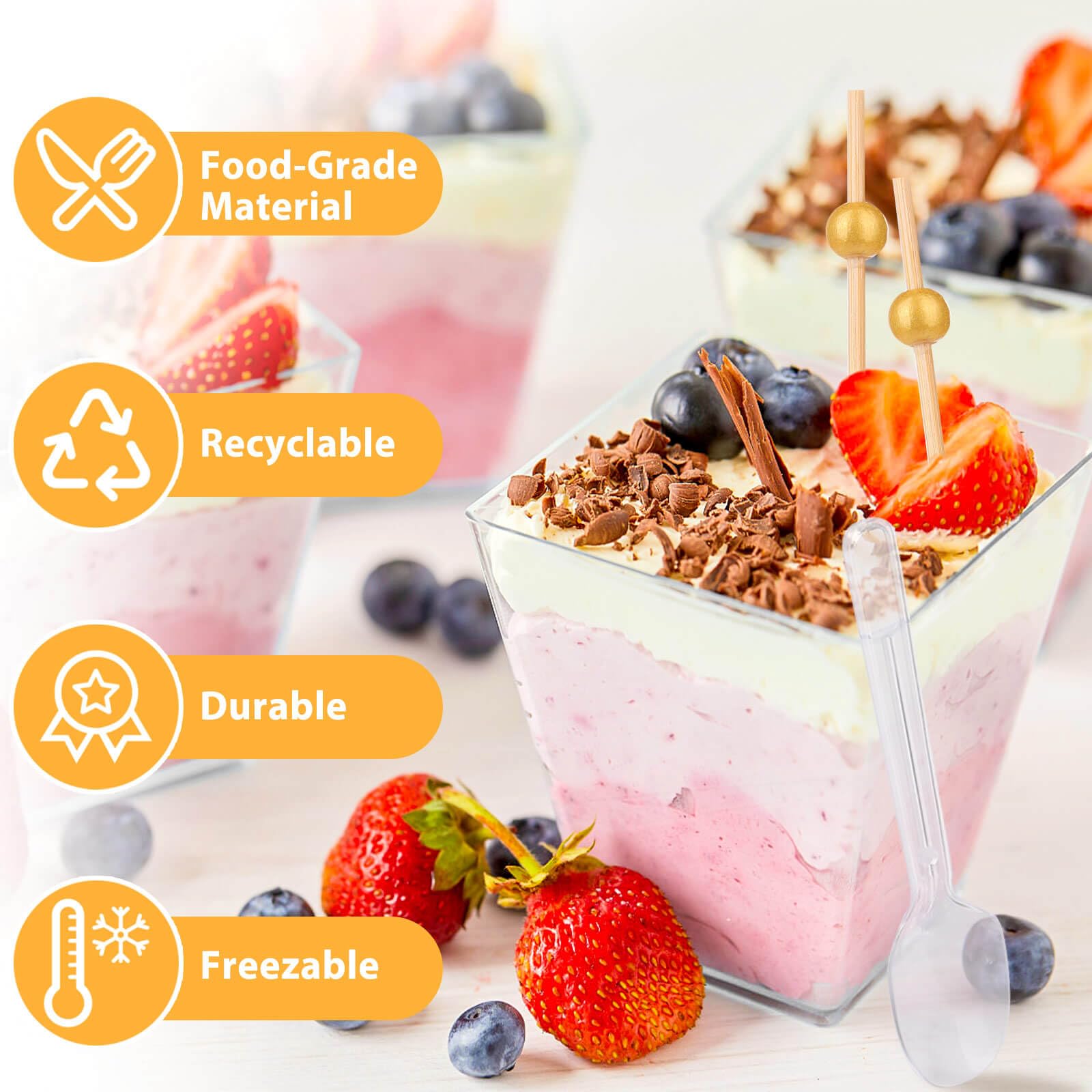 190-Piece 5 oz Clear Plastic Dessert Cups Set with Spoons & Cocktail Picks - Mini Parfait Shooter Cups for Party Appetizers, Yogurt, Pudding, Ice Cream, Jello - Perfect for Weddings, Baby Showers & Catering Events