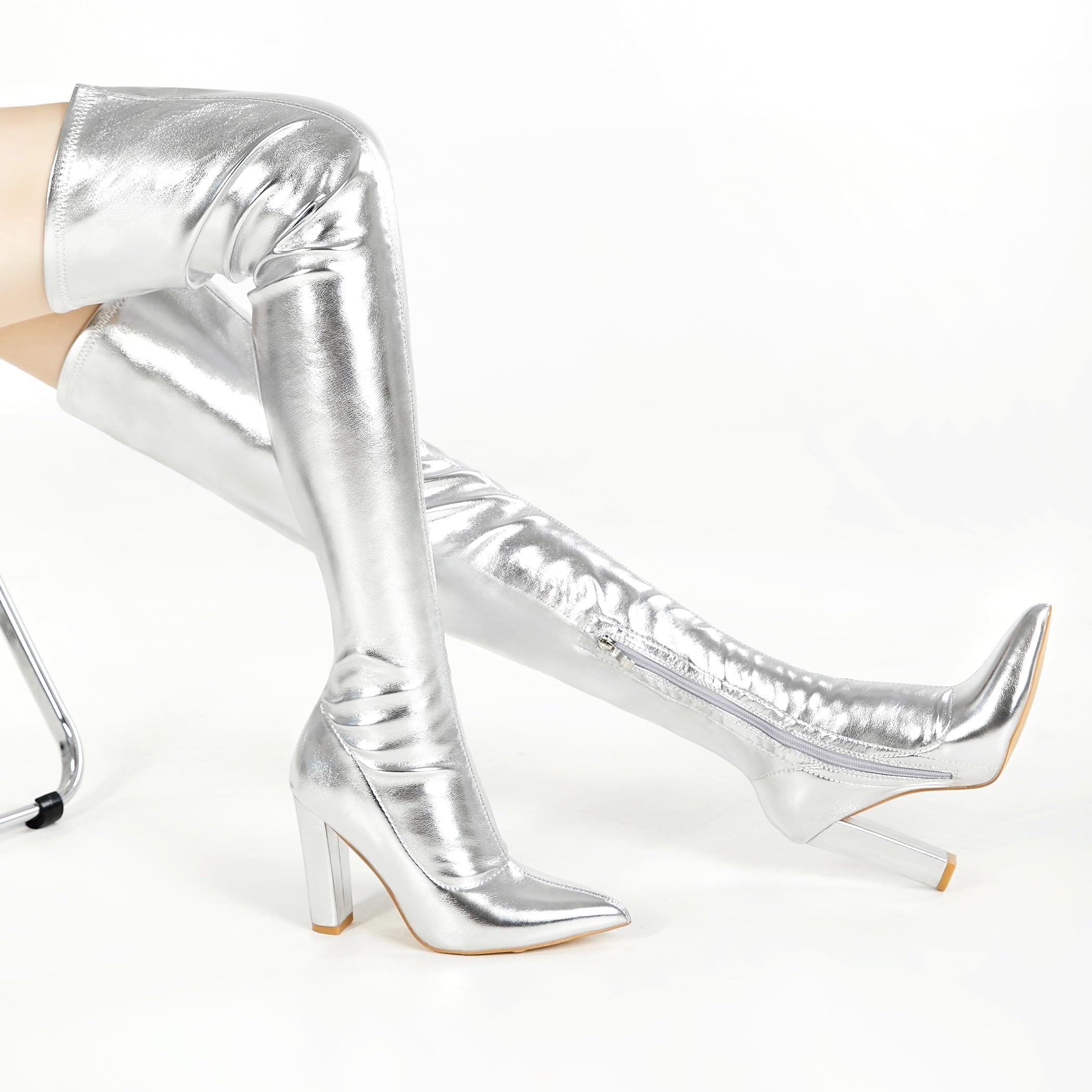 Women's Thigh High Boots - Chunky Heel Over The Knee Boots, Patent Leather PU Stretchy Tall Boots with Pointed Toe | Sexy Fashion GOGO Boots for Prom, Party & Night Out | Knee High Boots for Women