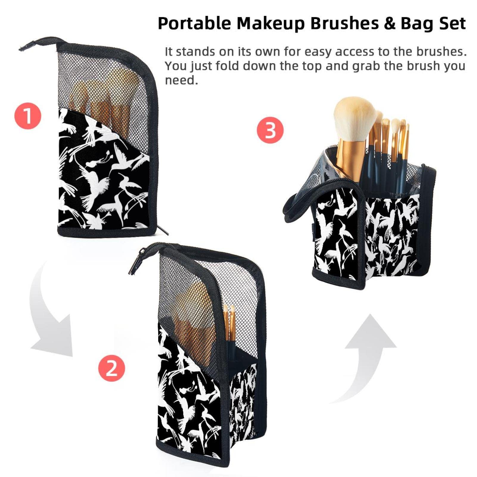 Premium 12-Slot Makeup Brush Organizer Bag - Black & White Bird Silhouette Design, Portable Travel Makeup Brush Holder Case for Professional Artists & Beauty Enthusiasts - Perfect for Home Vanity, Travel & Salon Use