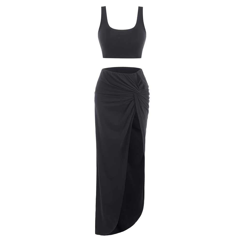 ZAFUL Women's Summer Outfit - Sleeveless Solid Crop Top & Ruched Maxi Skirt 2 Piece Set | Casual Beachwear, Vacation Dress, Boho Chic Outfit for Pool Party & Date Night