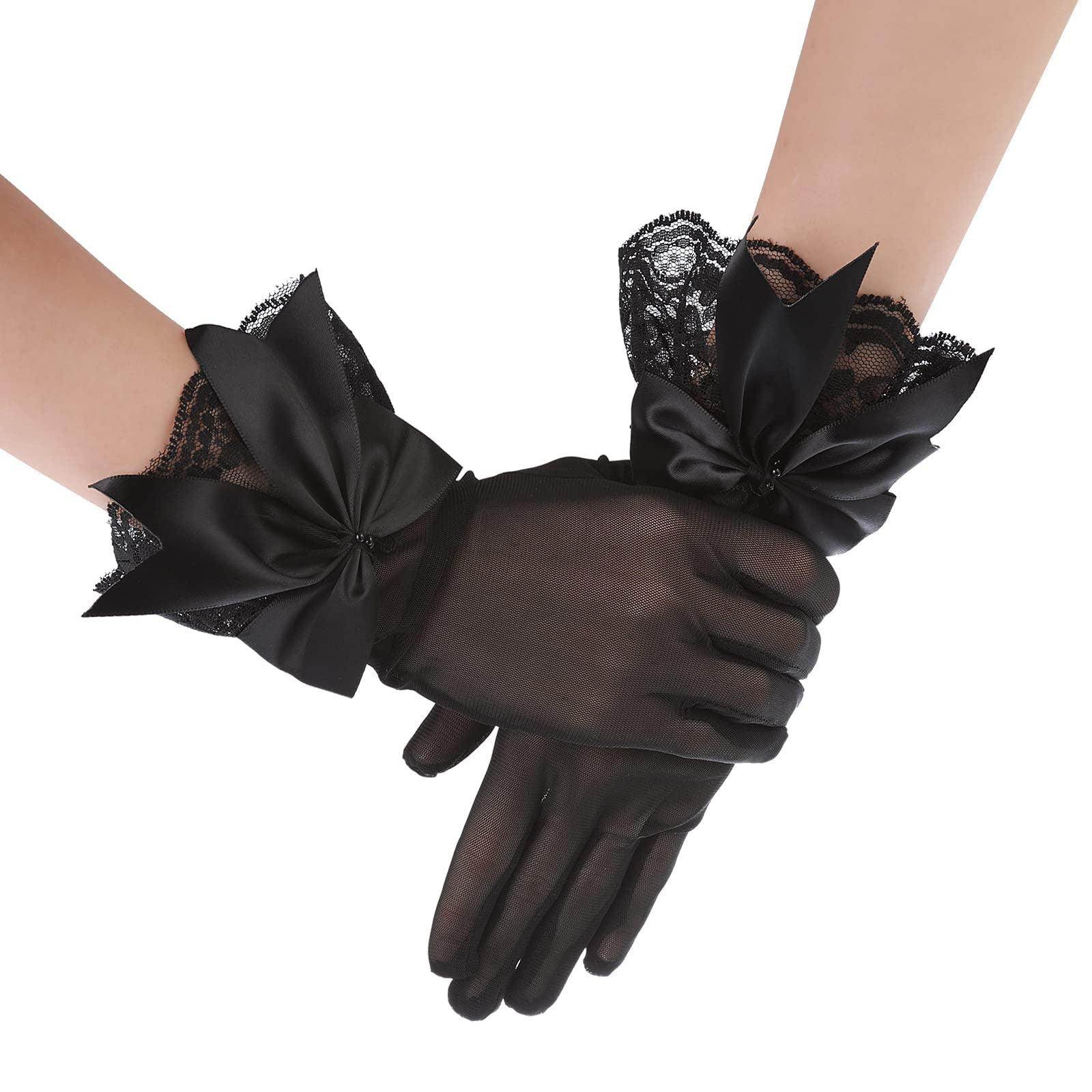 Elegant Mesh Gloves with Hand-Decorated Lace & Bow - Short Style Fashion Gloves for Women | Perfect for Weddings, Parties, and Formal Events