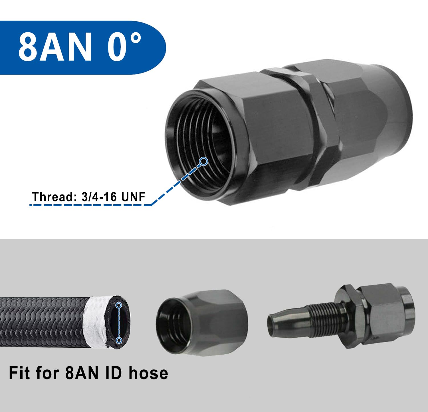 LokoCar 8AN Straight Swivel Fitting for CPE Braided Hose - 2Pcs Black - Fuel & Oil Systems